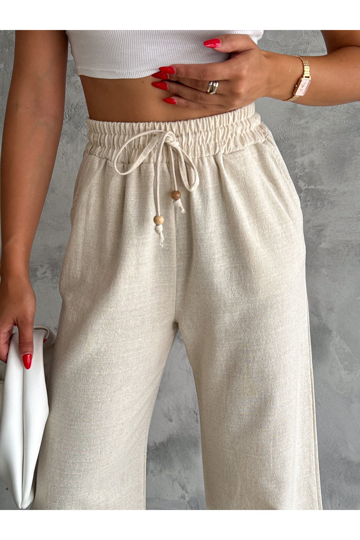 Fiolin %100 Keten Angel Bej Pantolon