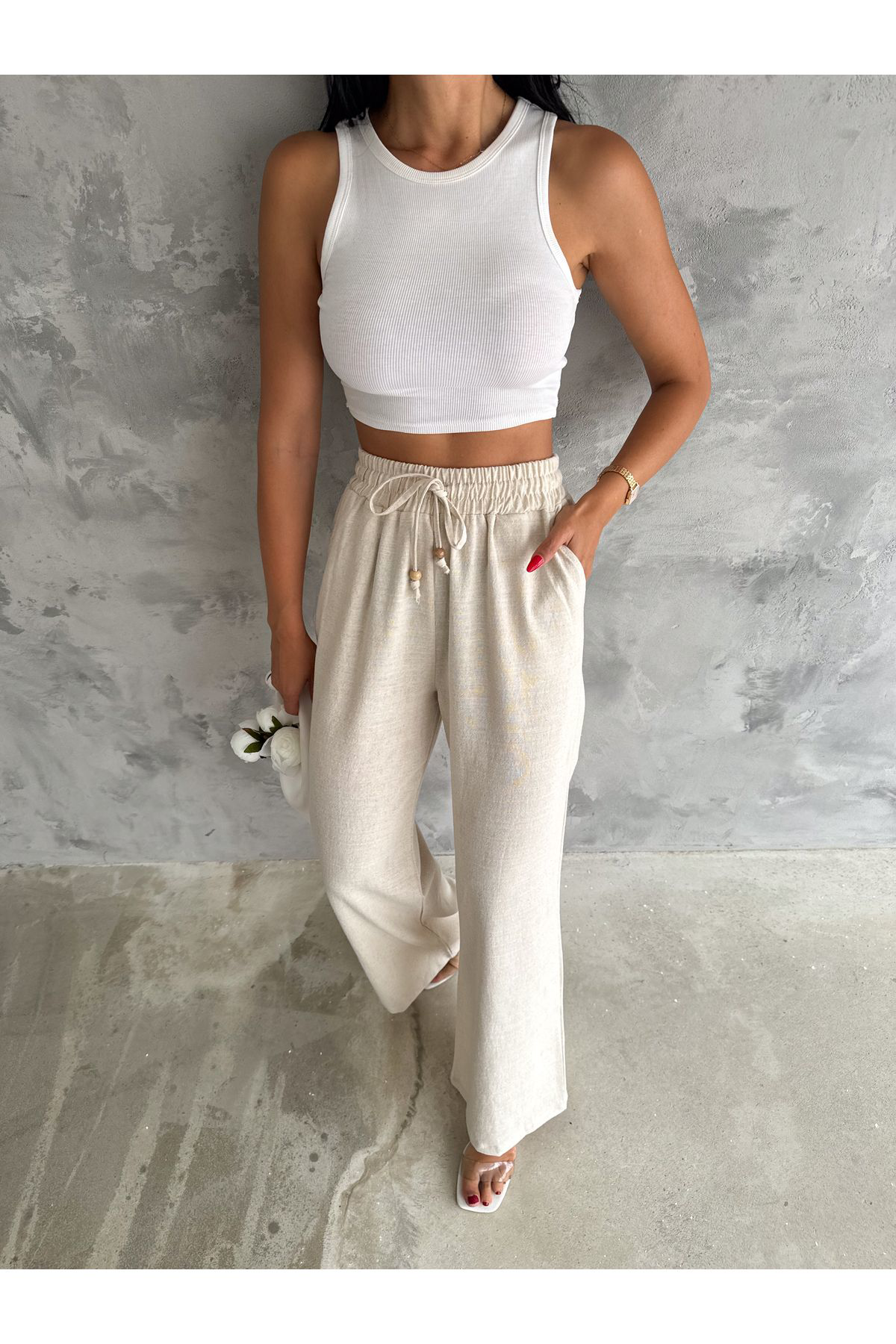Fiolin %100 Keten Angel Bej Pantolon