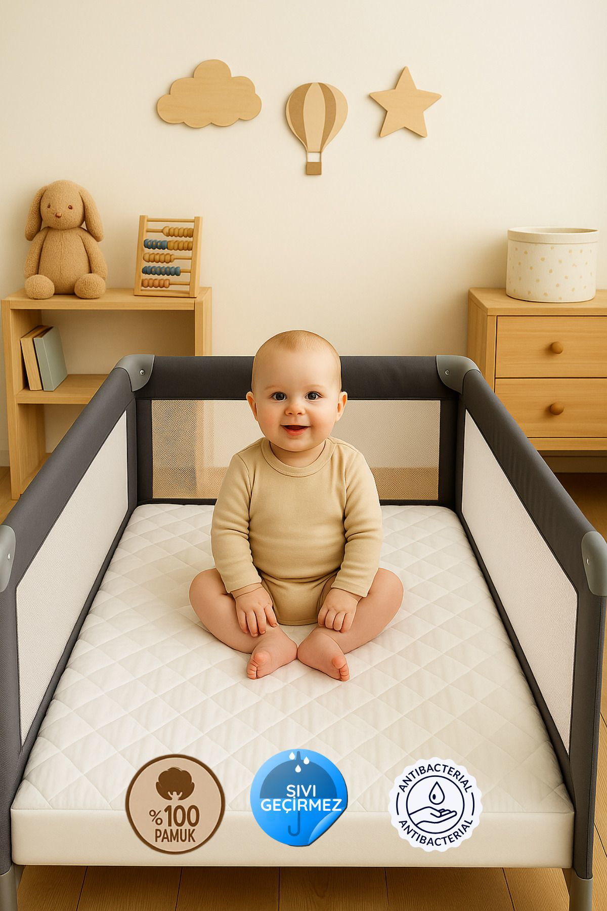 Formeya %100 Pamuk Kapitone Fitted Sivi Geçirmez Bebek Alezi-Çocuk Alezi,