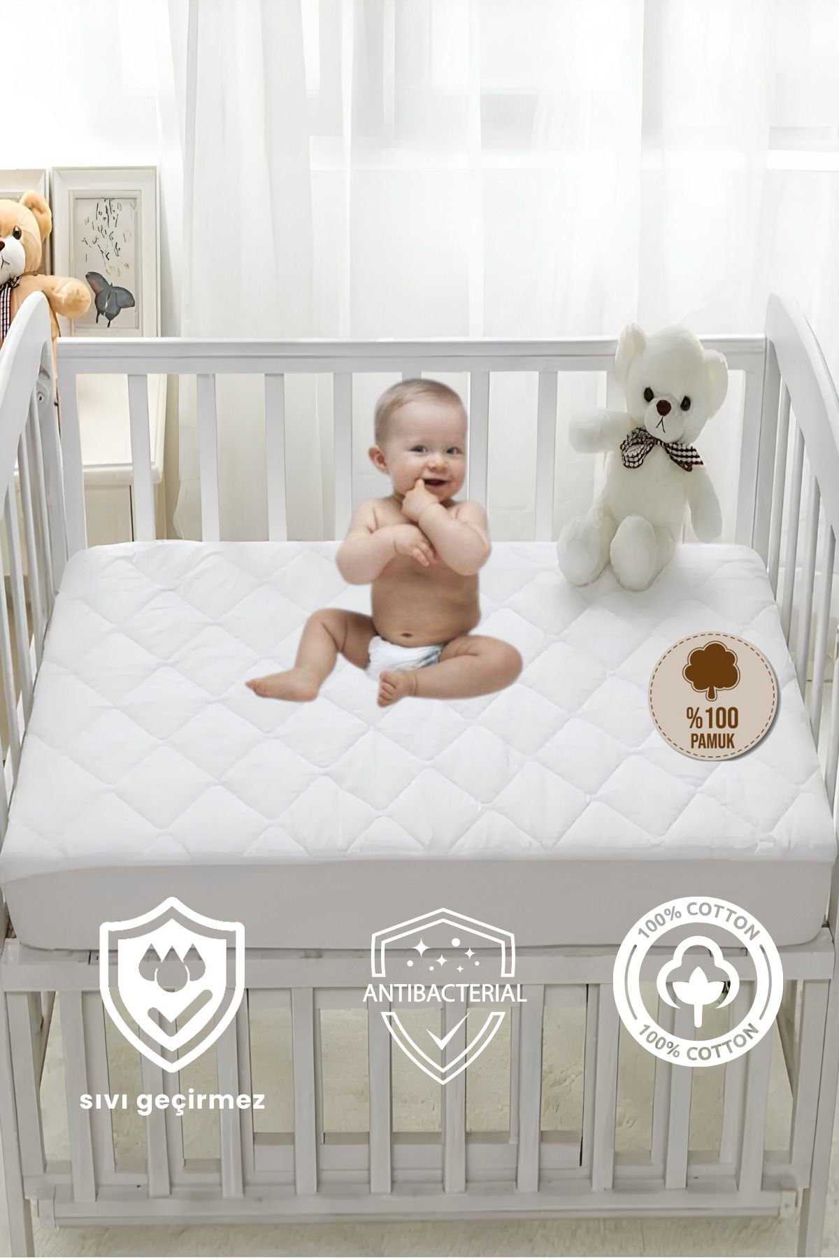Formeya %100 Pamuk Kapitone Fitted Sivi Geçirmez Bebek Alezi-Çocuk Alezi,