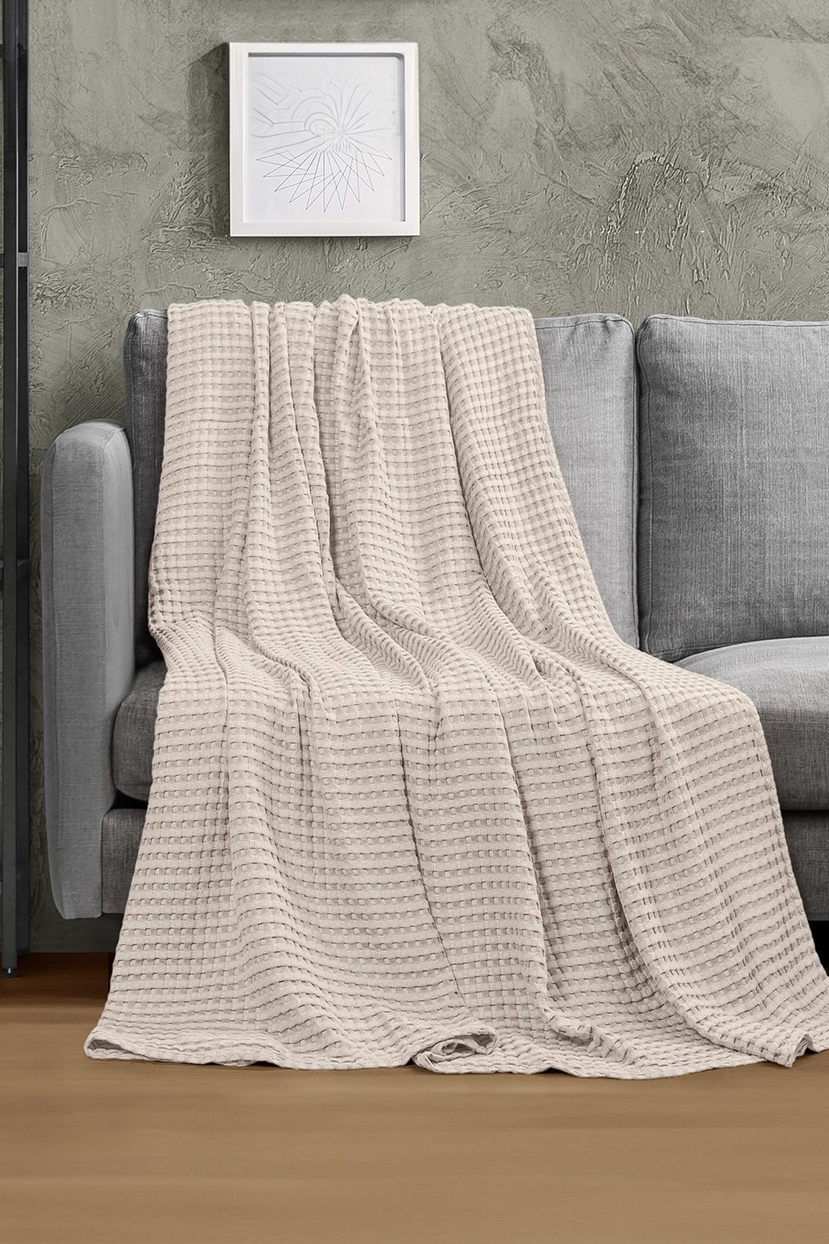 Teksnil Home | %100 Pamuk Waffle Desen Bej Çift Kişilik Pike |Yatak Örtüsü | 2