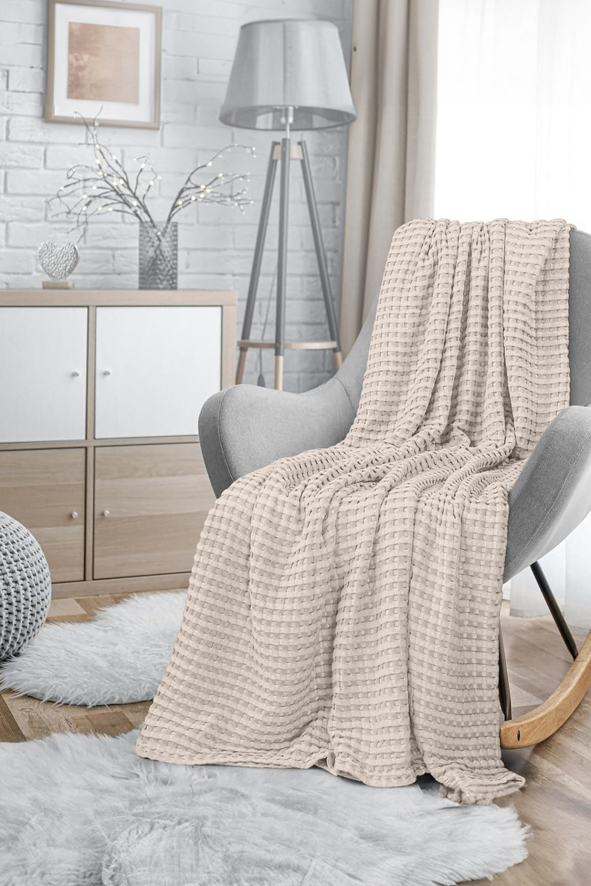 Teksnil Home | %100 Pamuk Waffle Desen Bej Çift Kişilik Pike |Yatak Örtüsü | 2