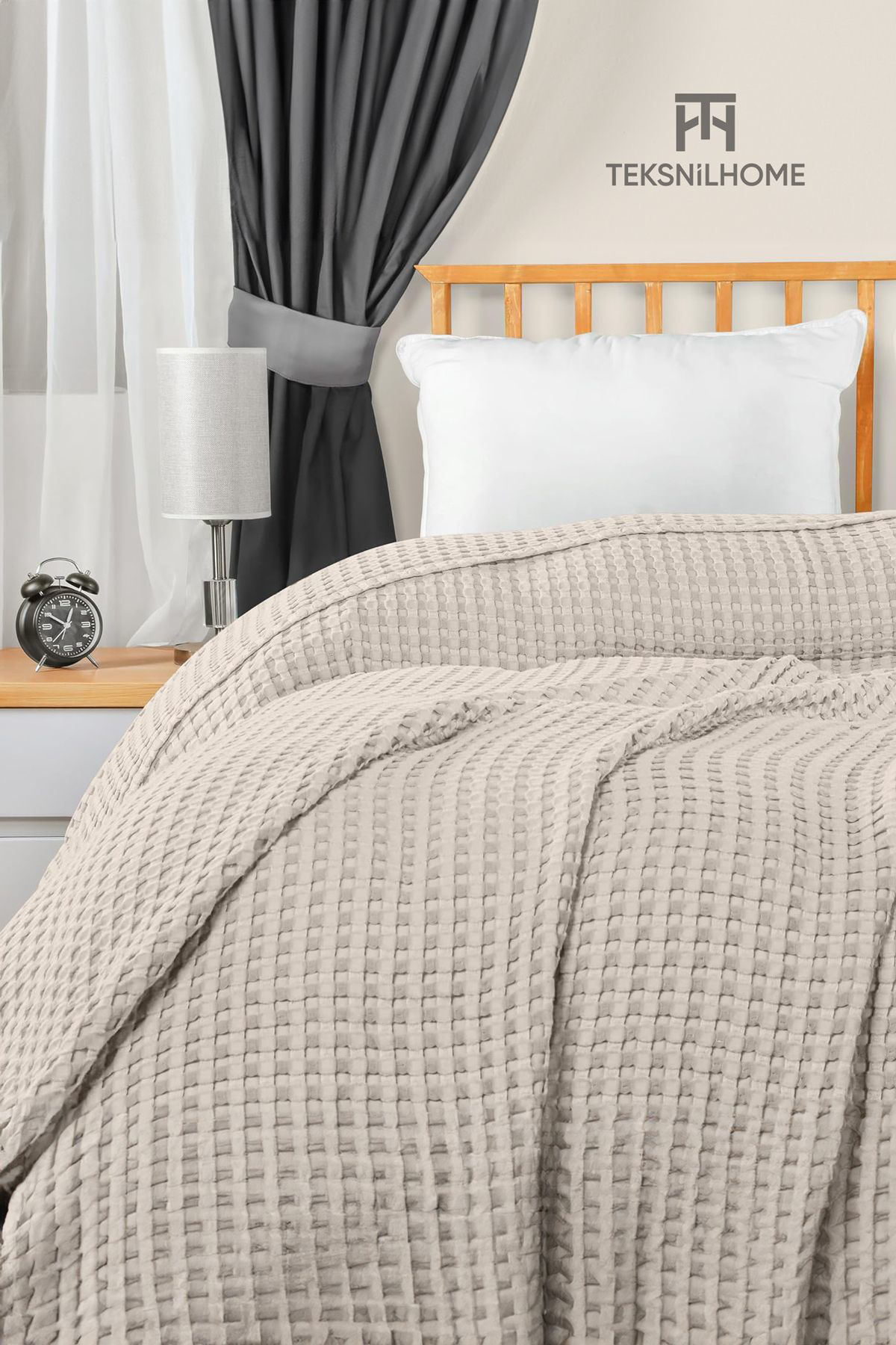 Teksnil Home | %100 Pamuk Waffle Desen Bej Çift Kişilik Pike |Yatak Örtüsü | 2