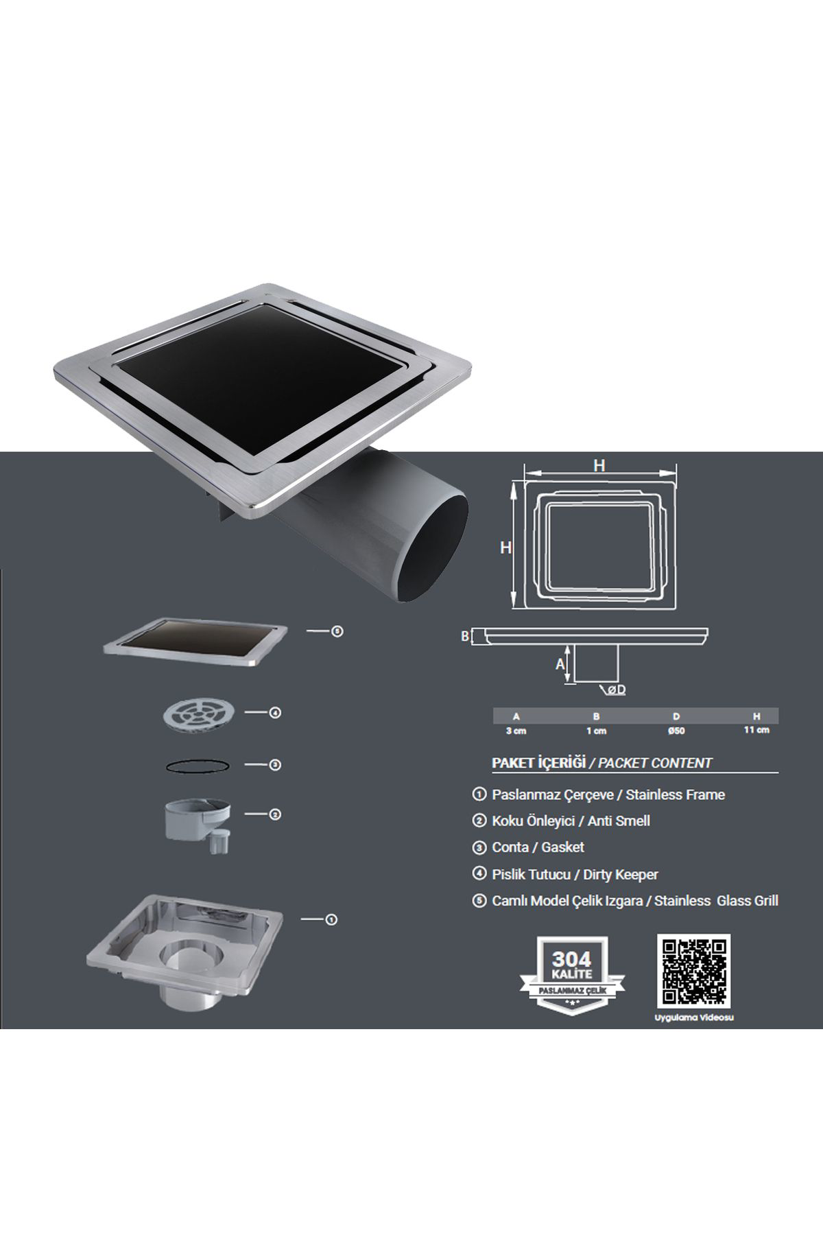 Purvien 11X11 Paslanmaz Süzgeç Banyo Ve Lavabo Yer Süzgeci 50 Çikişli Sif