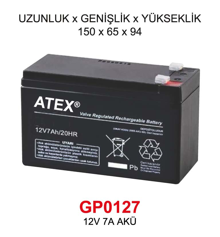 Atex 12V 7A Akü - Uzunluk X Genişlik X Yükseklik 150 X 65 X 94