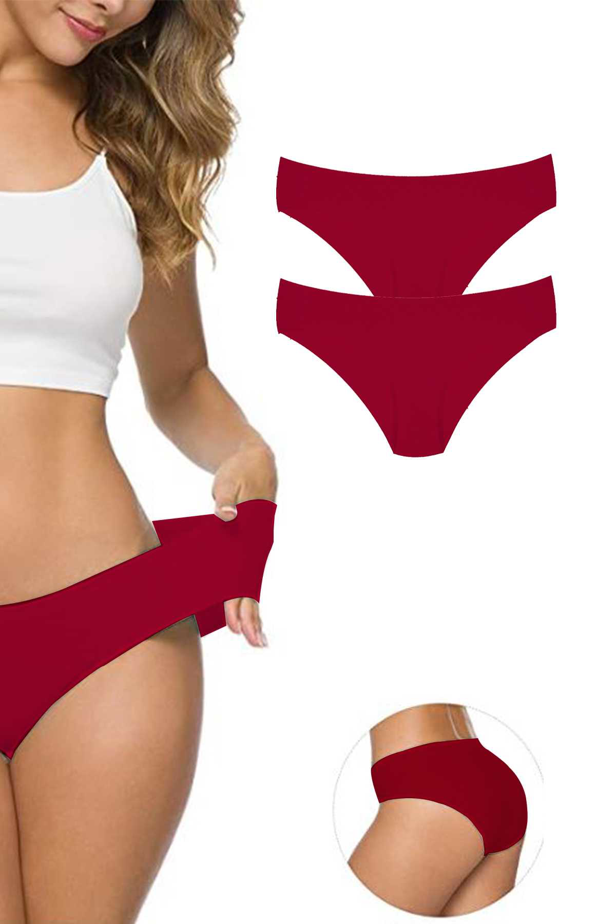 Just Cheap Store 2 Adet Kadin Dikişsiz Lazer Kesim Esnek İz Yapmayan Külot Bordo