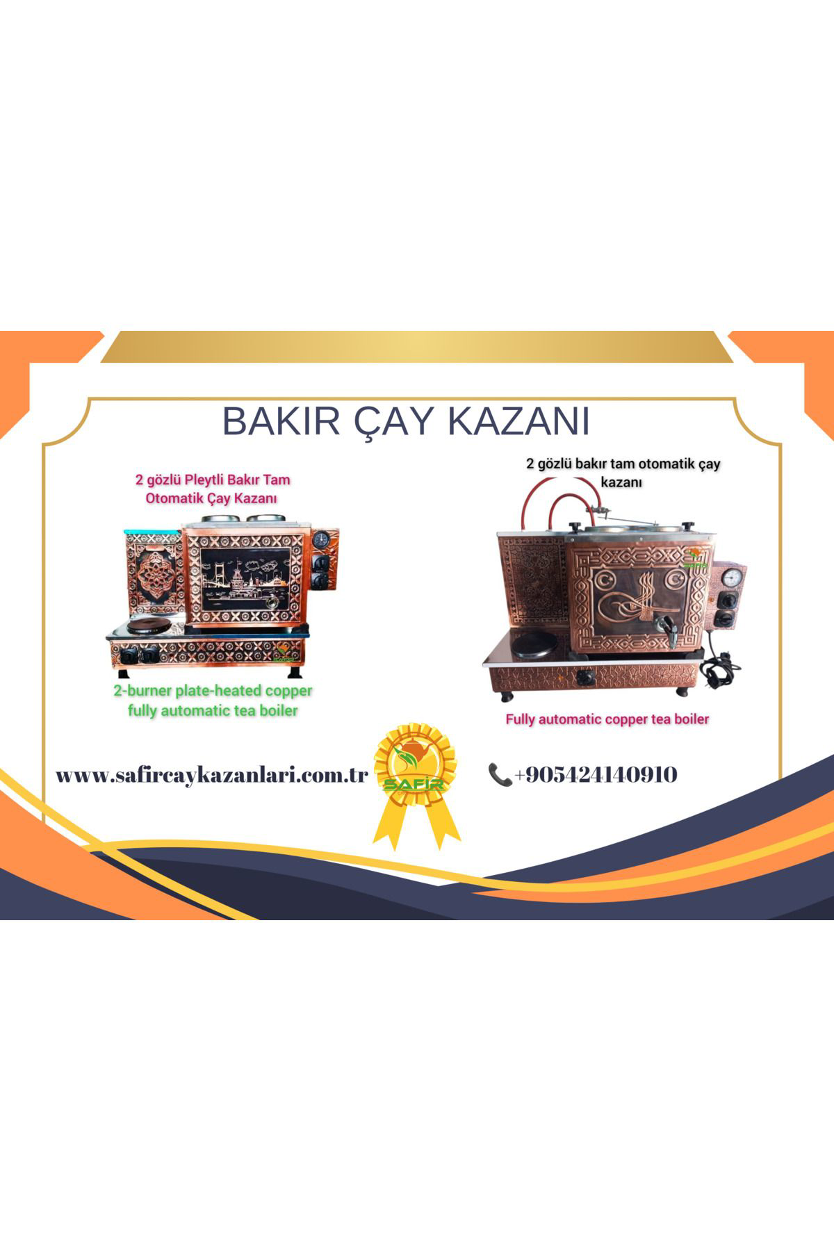 Safir Çay Kazanlari 2 Gözlü Bakir Tam Otomatik Çay Kazani Semazen Model Elektrik + Tü