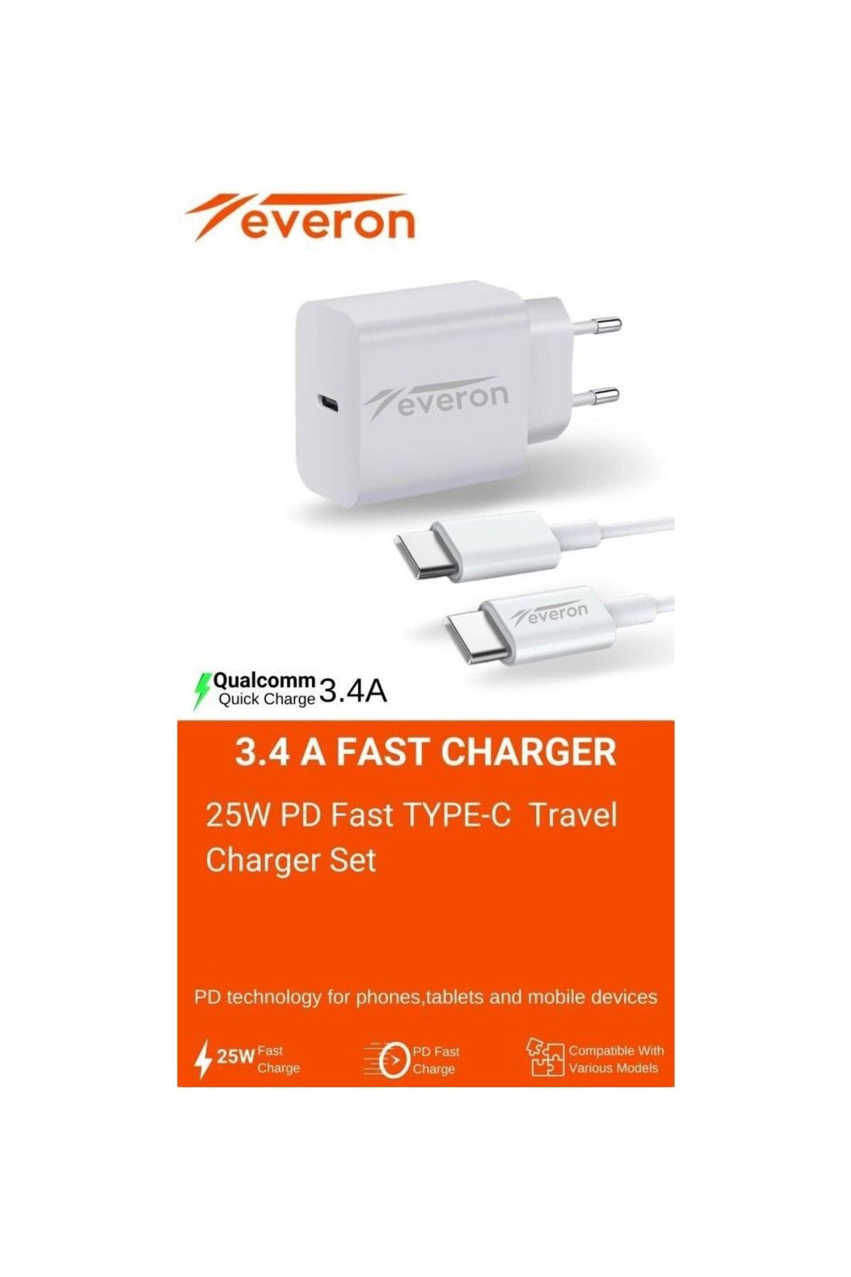 Everon 25W 3.4A Q.C Huawei Enjoy Z İle Uyumlu   Type C Şarj Adaptörü  Ev