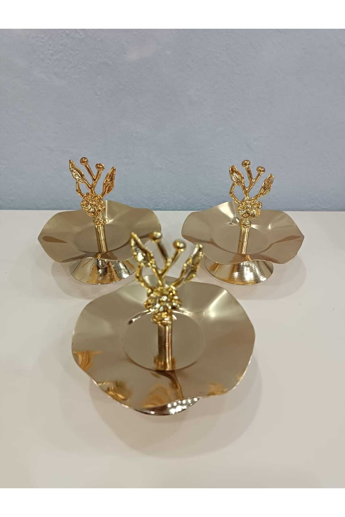 Ebrarhome 3 Adet Japon Gül Detayli Gold Tek Katli Sunumluk Kurabiyelik Meyv