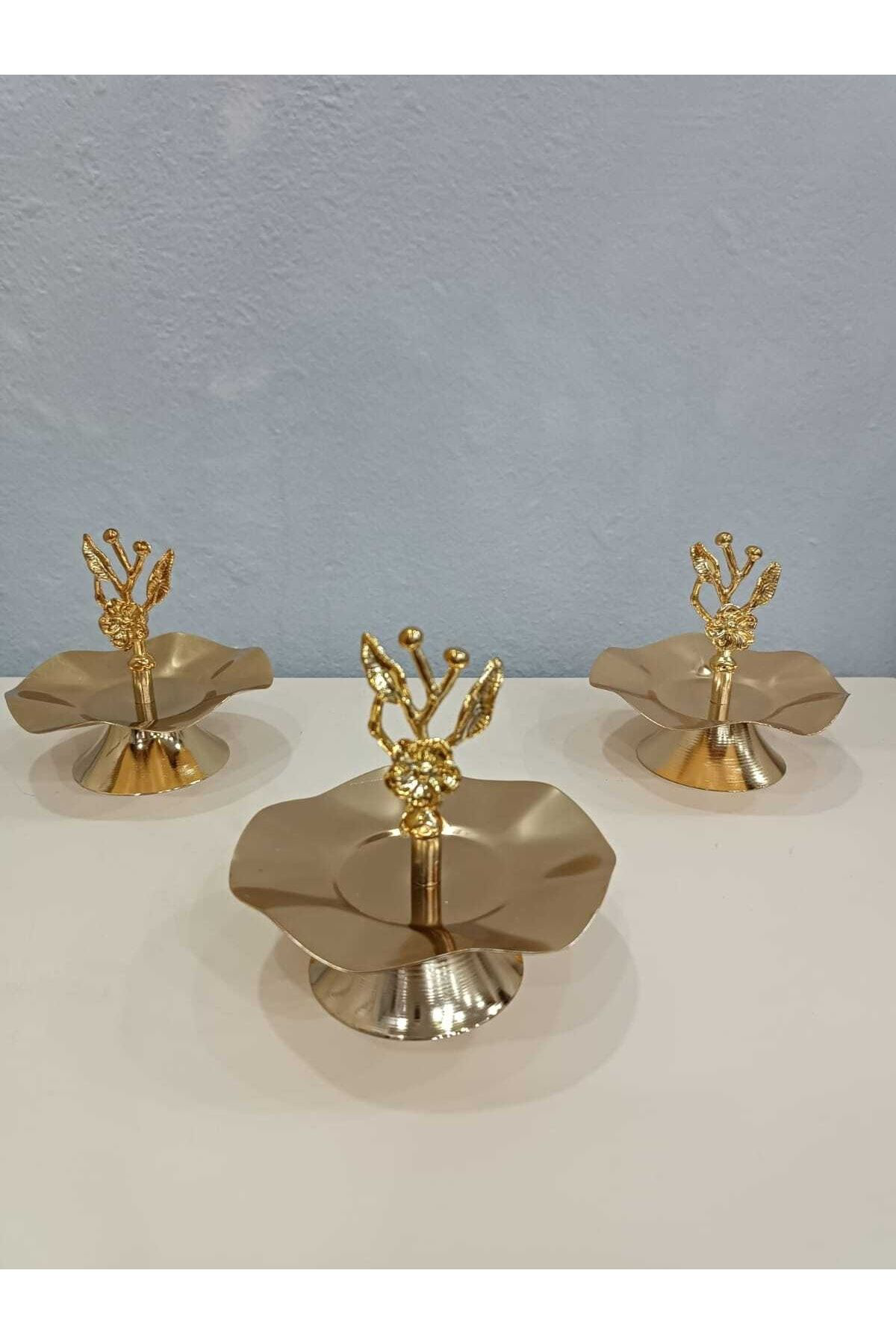 Ebrarhome 3 Adet Japon Gül Detayli Gold Tek Katli Sunumluk Kurabiyelik Meyv