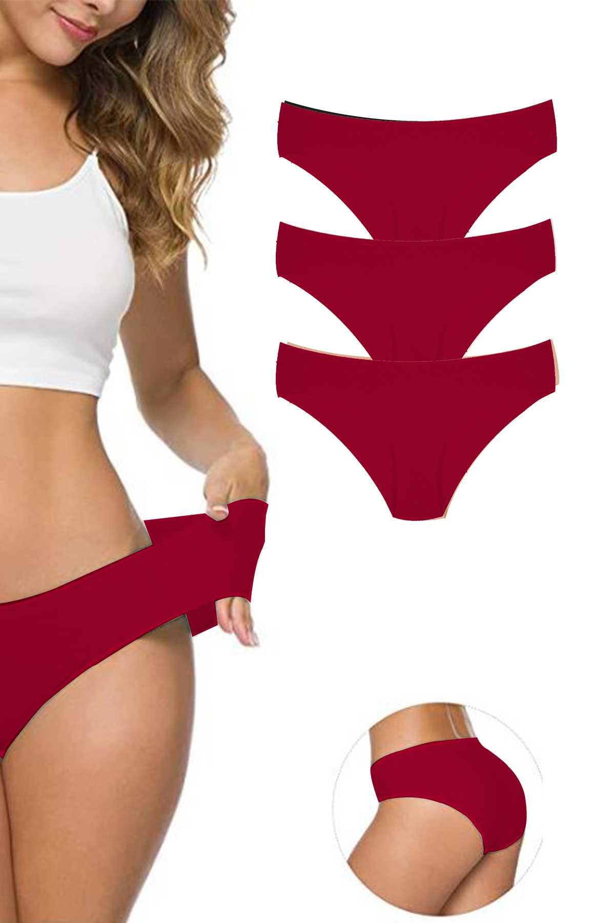 Just Cheap Store 3 Adet Kadin Dikişsiz Lazer Kesim Esnek İz Yapmayan Külot Bordo