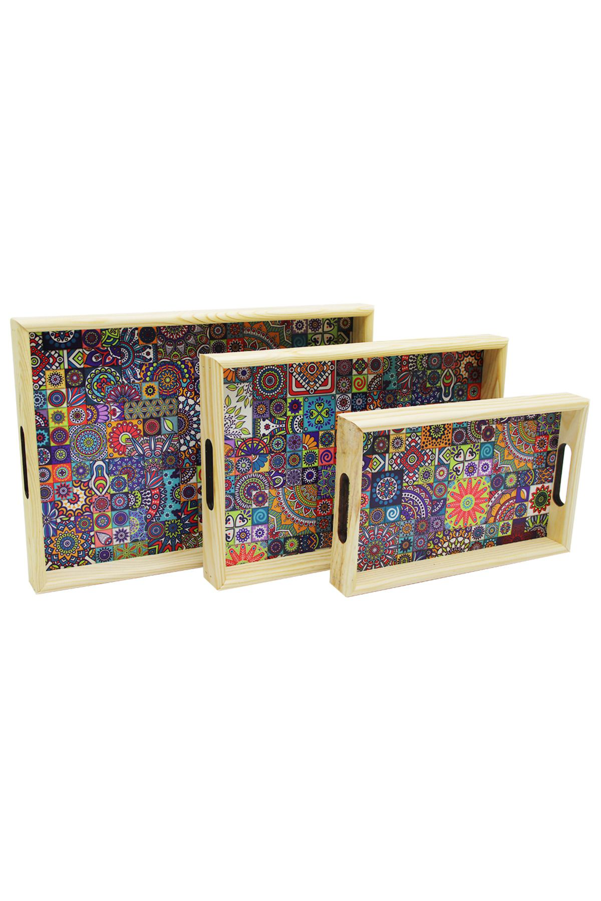 Ok Aksesuar 3 Boy Ahşap Tepsi Desenli Zemin 16X26 - 21X31 - 24X34cm Go5060866