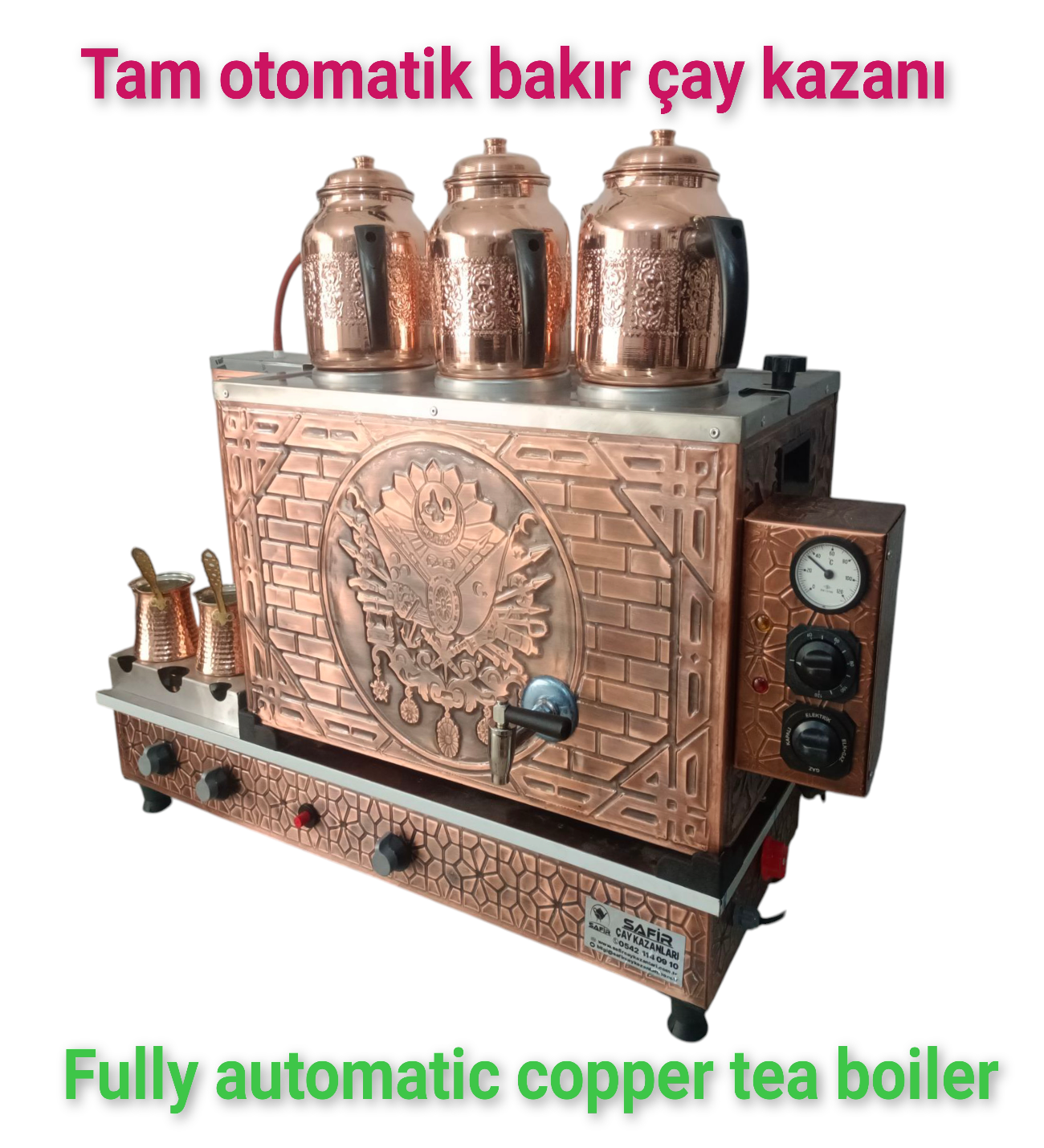 Safir Çay Kazanlari 3 Gözlü Bakir Çay Kazani Doğalgazli Ce Gazmer Açiliş Onayli Tam Dijital Çakmakli Prizma Alt Tabanli 