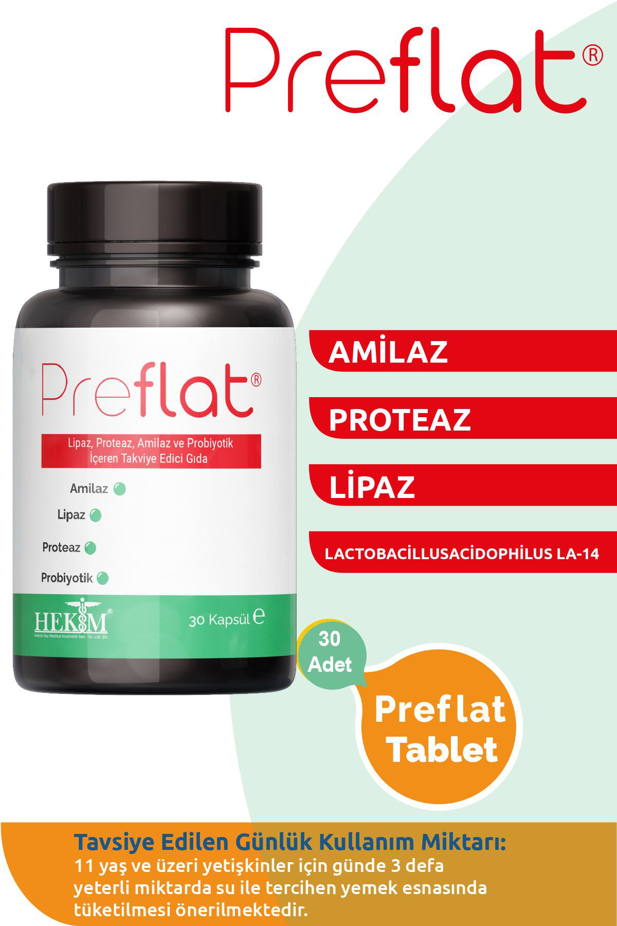 Hekim İlaç 30 Kapsül - Lipaz, Proteaz, Amilaz Ve Probiyotik İçeren Takviye E