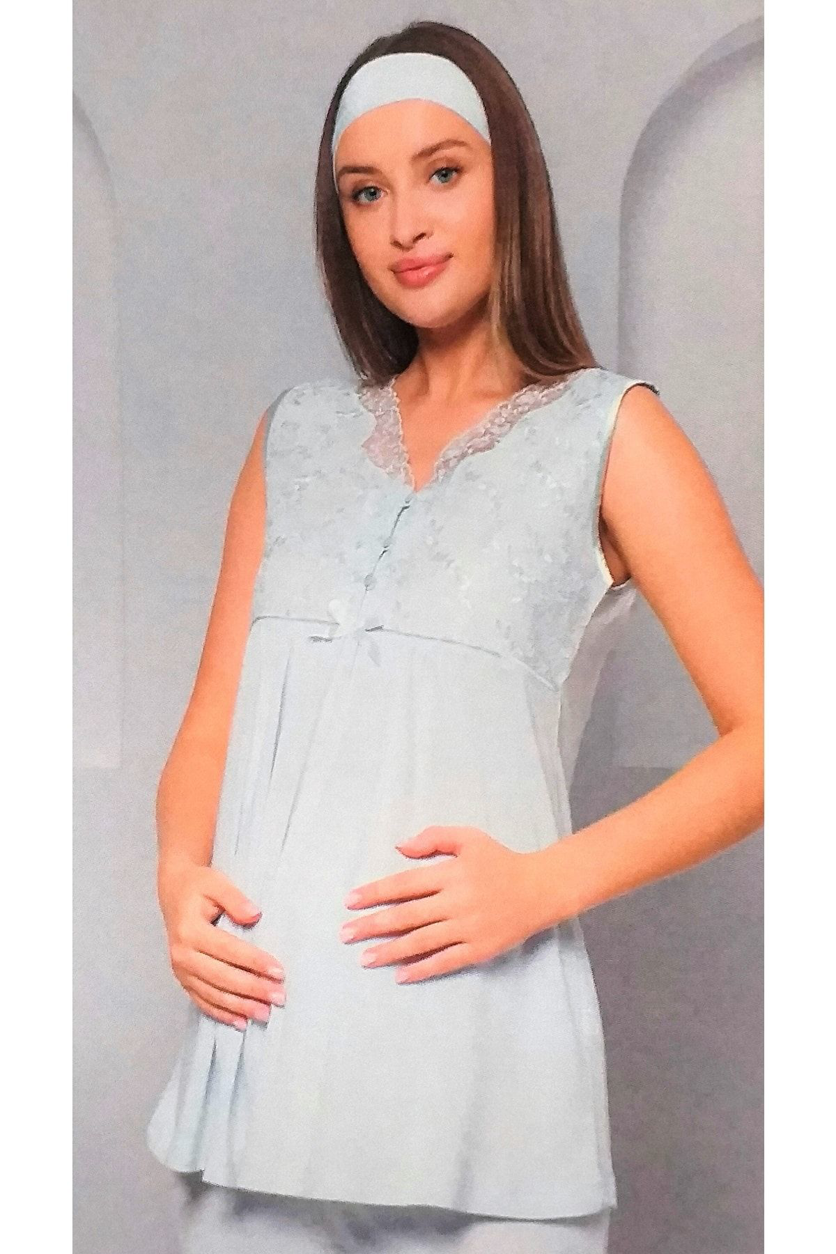Flz 3'Lü Dantelli Lohusa Pijama Takimi Mavi