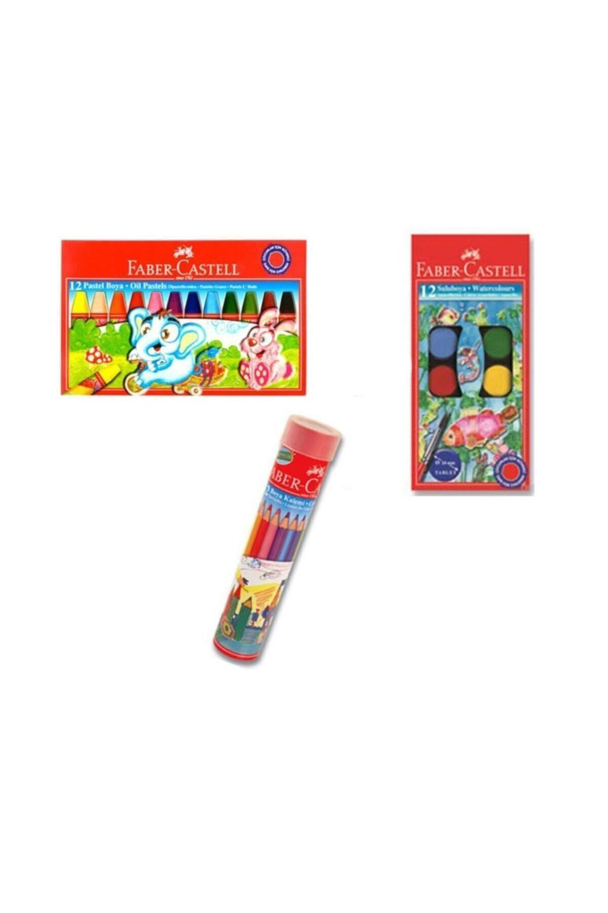 Faber Castell 3'Lü Set, Pastel Boya, Sulu Boya, Kuru Boya 12'Li B.S