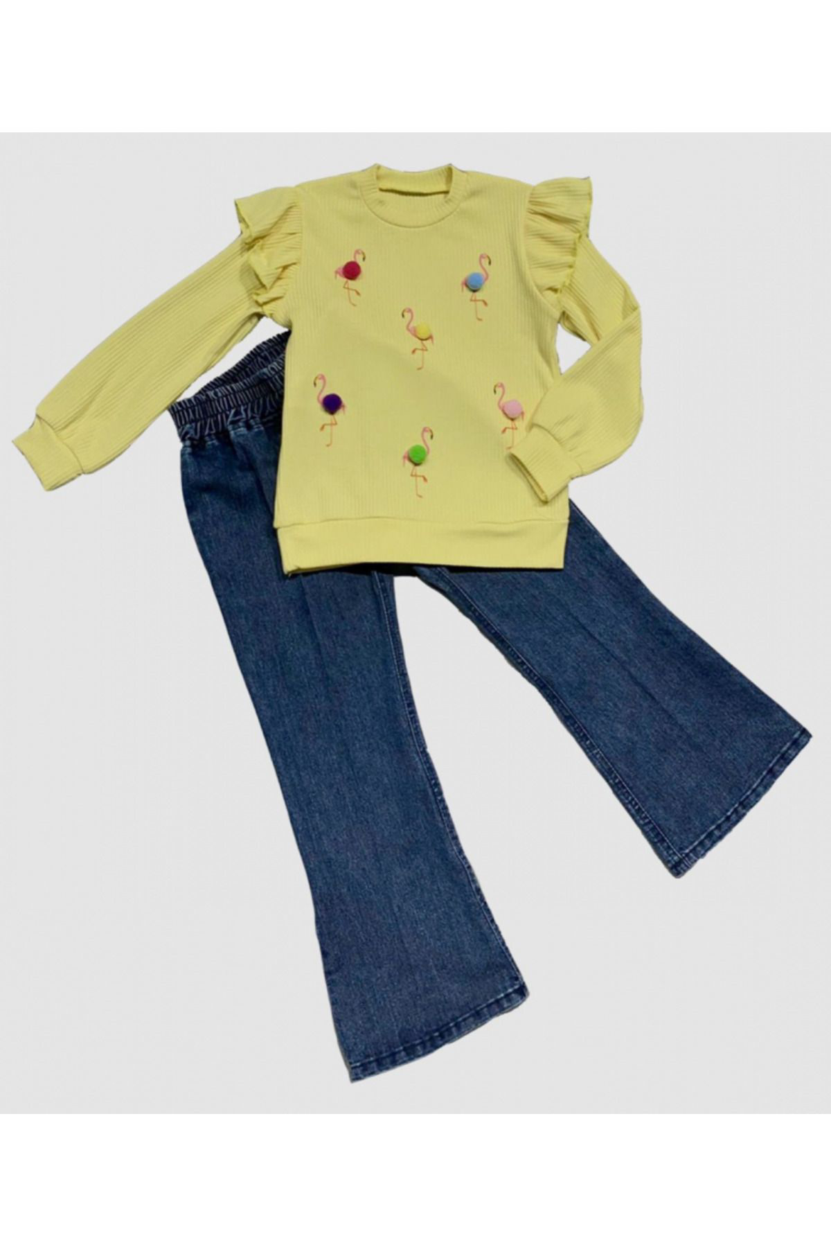 Ok Aksesuar 4-5-6 Yaş Kot Pantolonlu Flamingo Desenli Penye Sweat Uzun Kollu