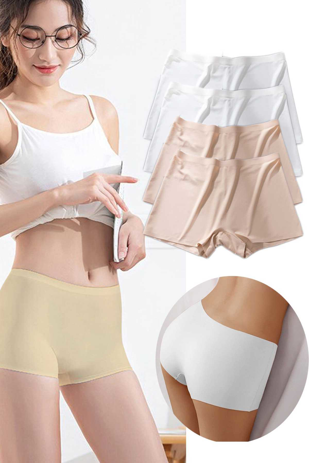 Just Cheap Store 4 Adet Kadin Dikişsiz Görünmez İz Yapmaz Mini Şort Boxer Beyaz Te