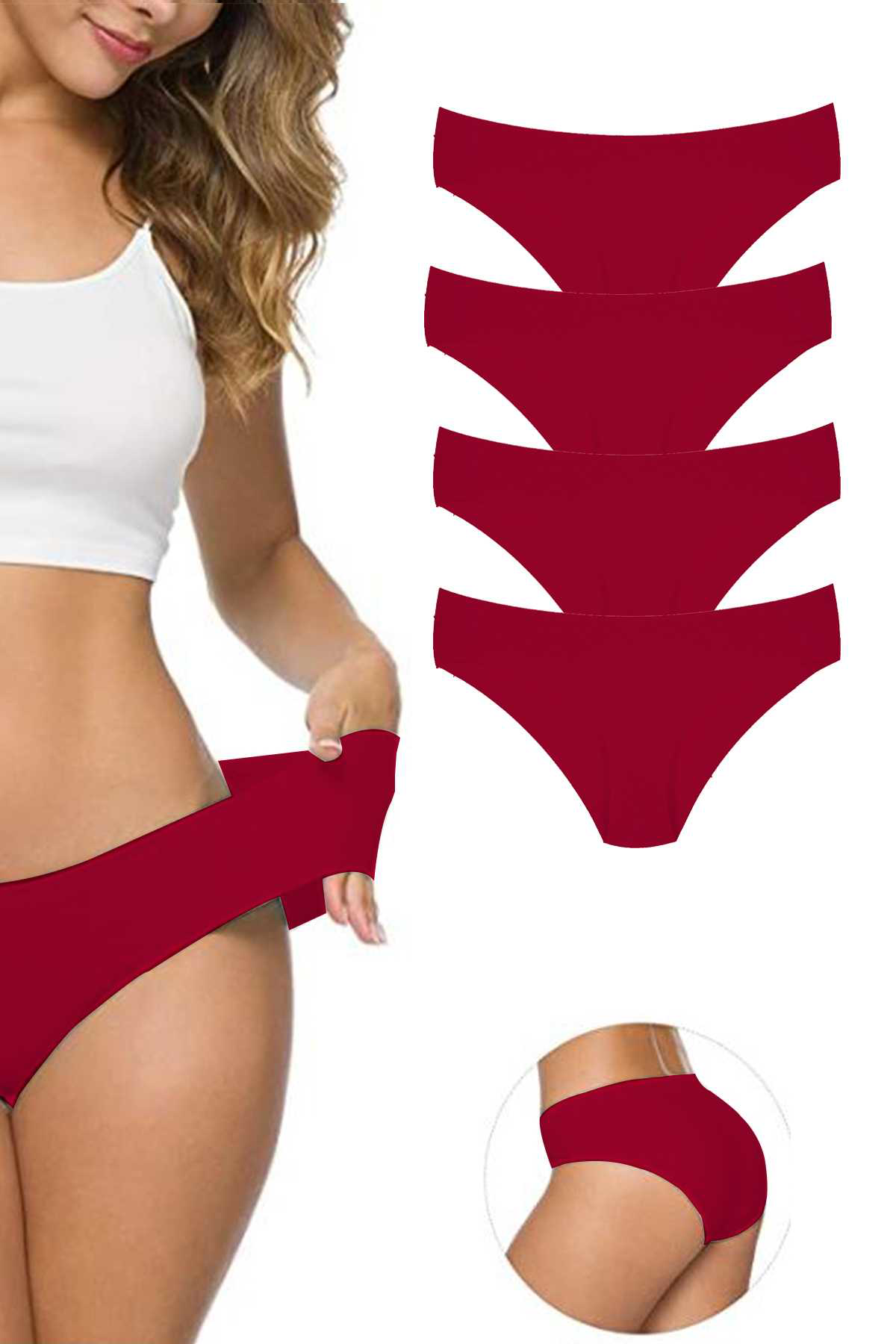 Just Cheap Store 4 Adet Kadin Dikişsiz Lazer Kesim Esnek İz Yapmayan Külot Bordo