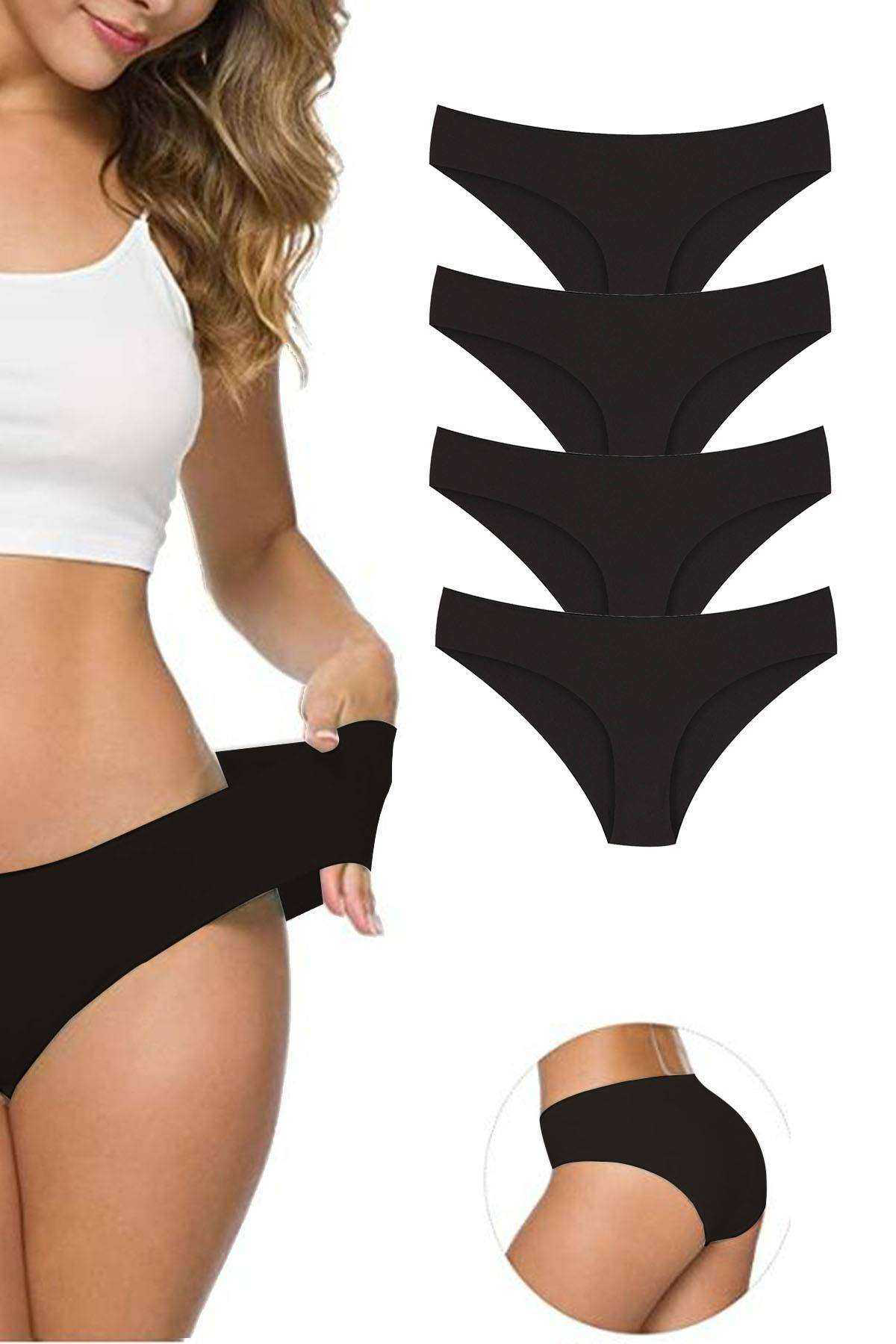 Just Cheap Store 4 Adet Kadin Dikişsiz Lazer Kesim Esnek İz Yapmayan Külot Siyah