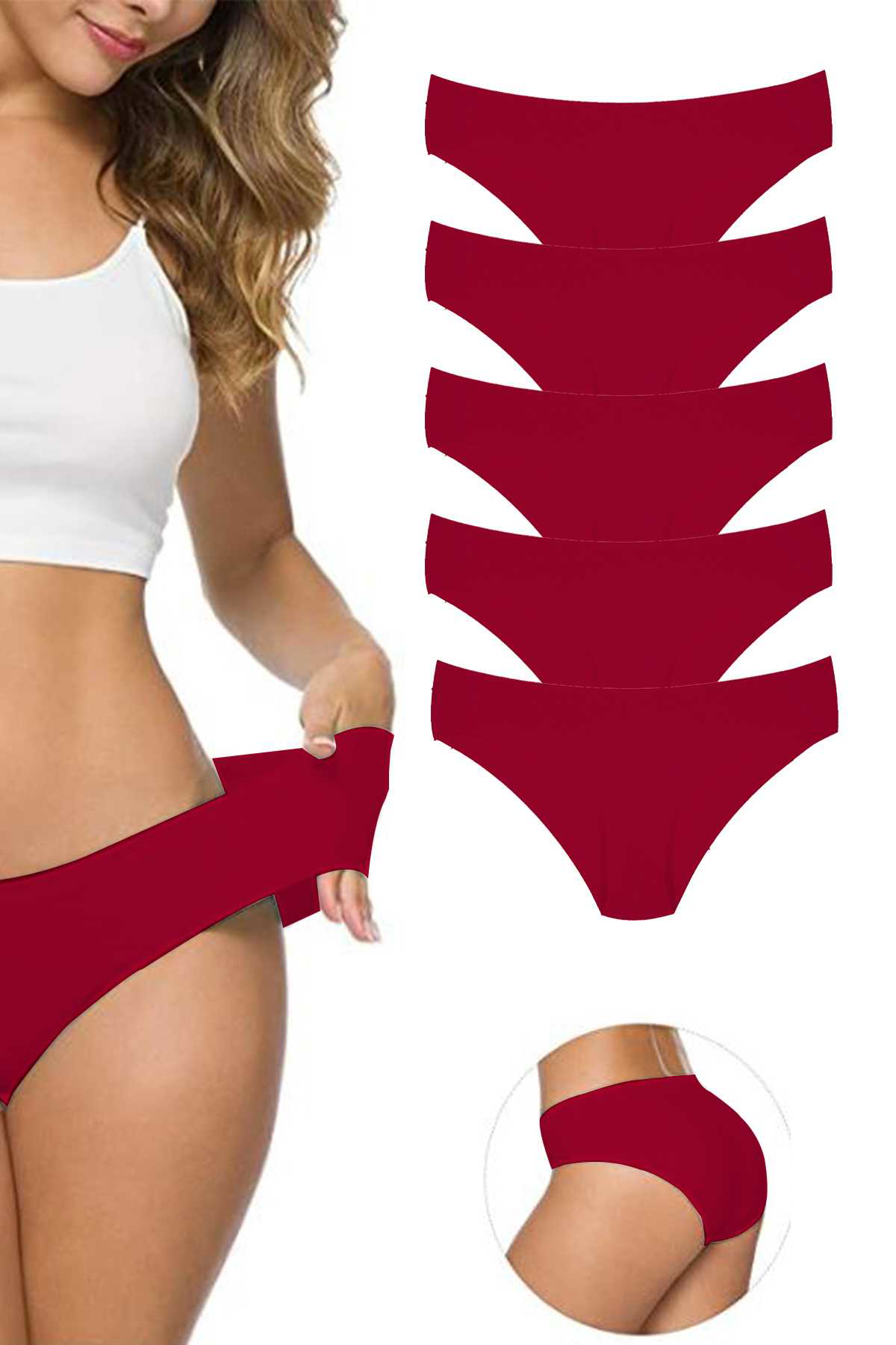 Just Cheap Store 5 Adet Kadin Dikişsiz Lazer Kesim Esnek İz Yapmayan Külot Bordo