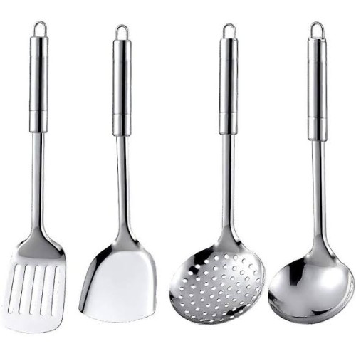 5 Parça Paslanmaz Çelik Mutfak Seti Standlı, Kepçe, Spatula ve Ke