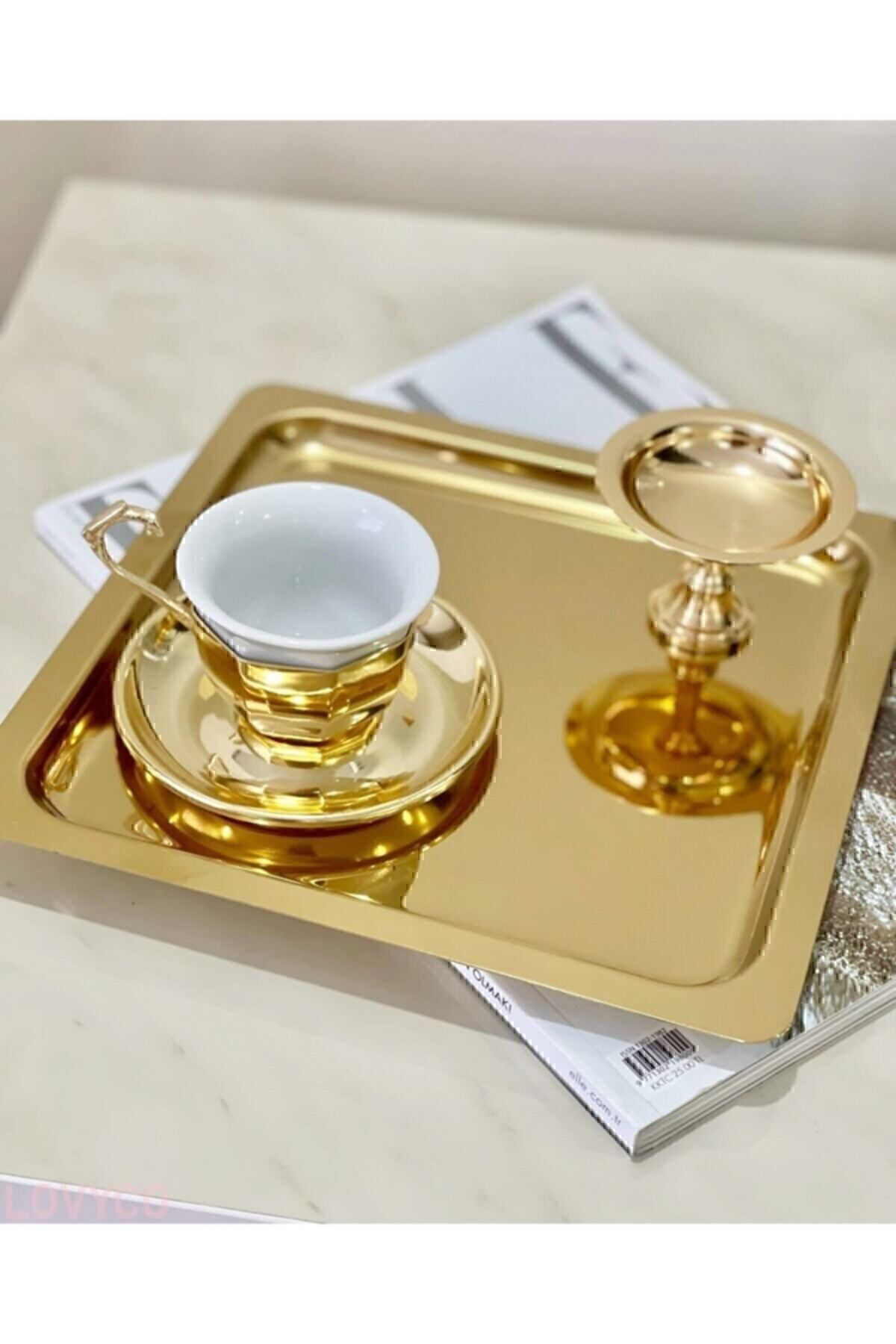 Abant 6 Adet Gold Altin Kare Paslanmaz Çelik Kahve Servis Sunum Tepsi (