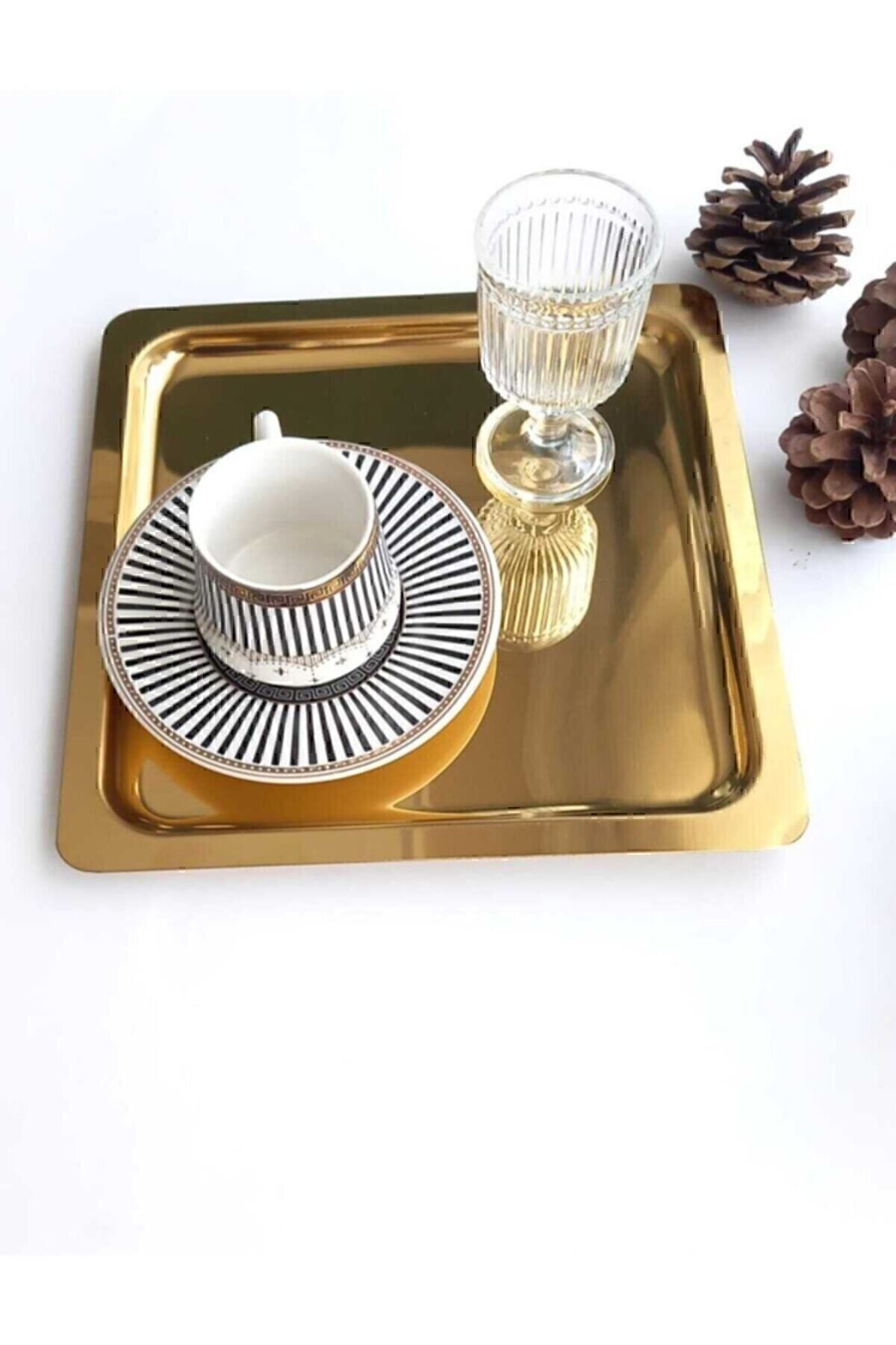 Abant 6 Adet Gold Altin Kare Paslanmaz Çelik Kahve Servis Sunum Tepsi (