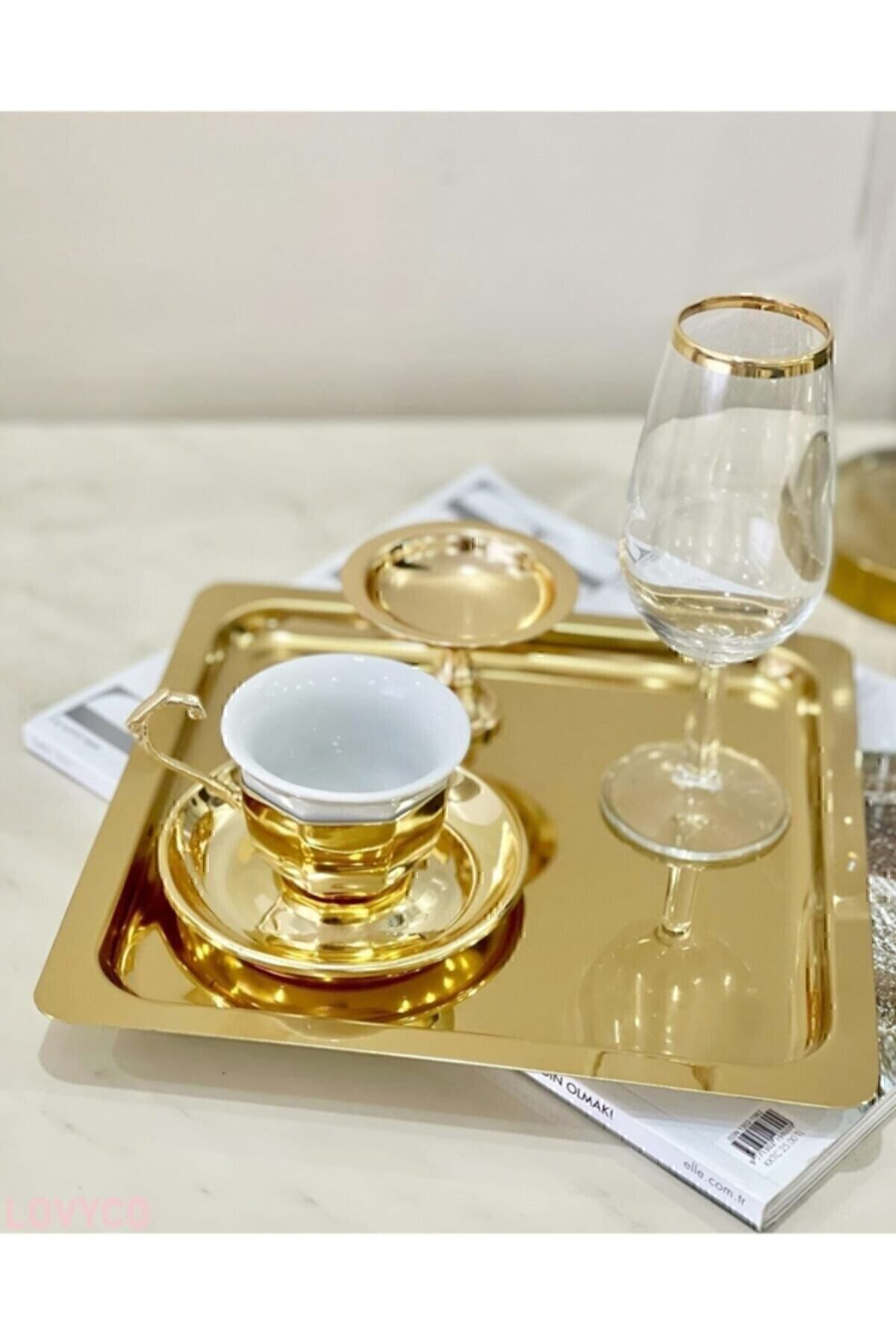 Abant 6 Adet Gold Altin Kare Paslanmaz Çelik Kahve Servis Sunum Tepsi (