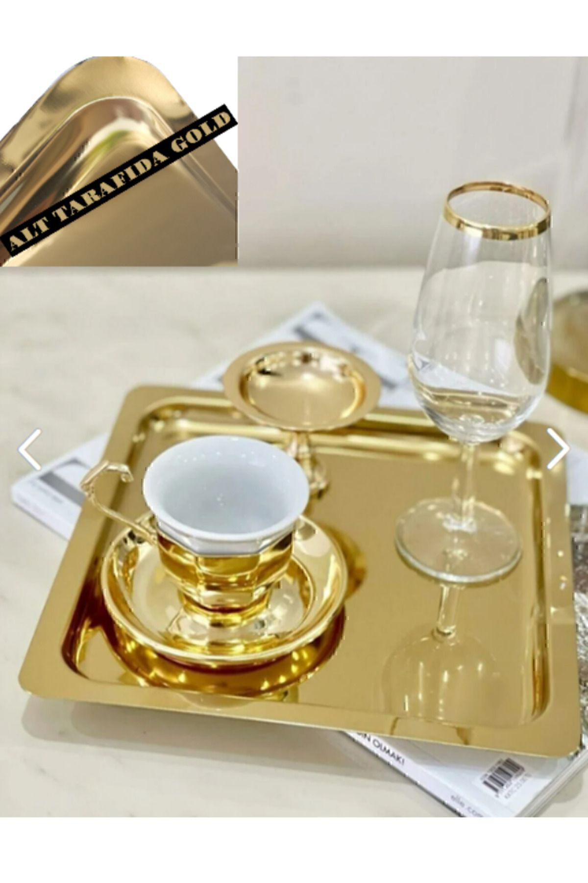 Abant 6 Adet Gold Altin Kare Paslanmaz Çelik Kahve Servis Sunum Tepsi (