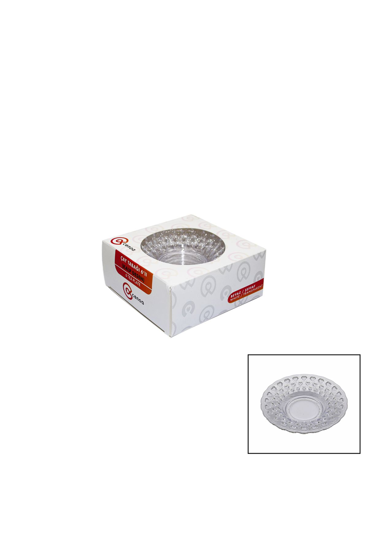 Ok Aksesuar 6 Parça Çay Tabak Kalp Desenli Şeffaf - Beyaz Mika Kristal Go5060