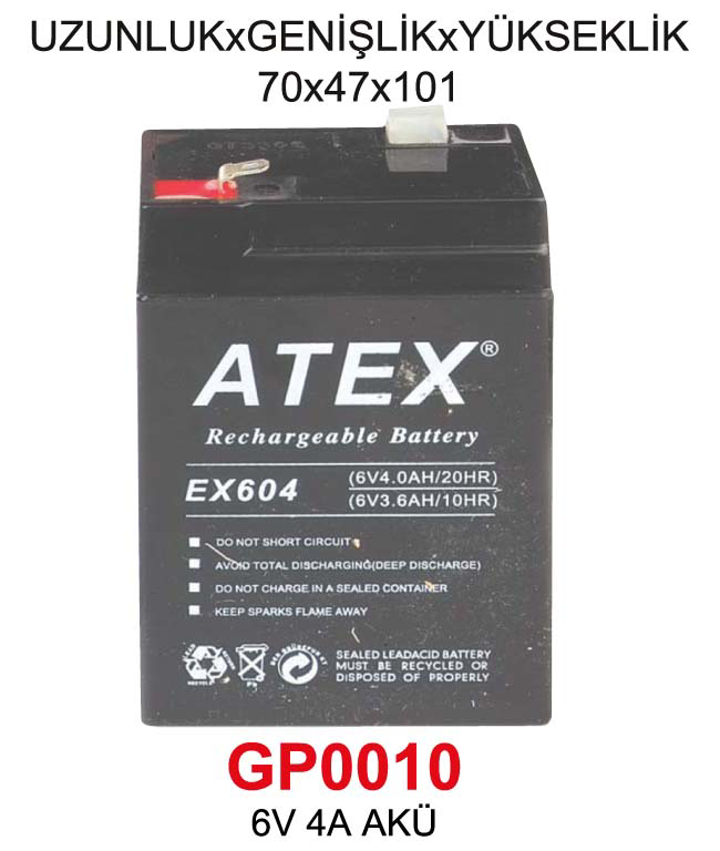 Atex 6V 4A Akü - Uzunluk X Genişlik X Yükseklik 70 X 47 X 101