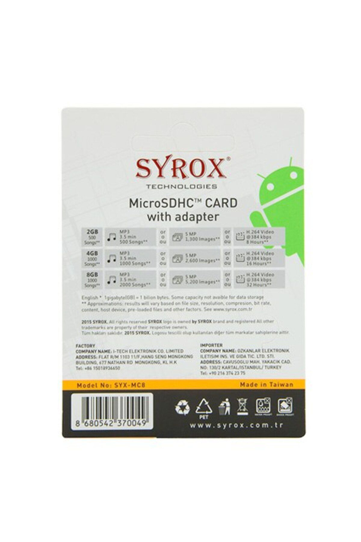 Syrox 8 Gb Microsdhc Hafiza Karti + Adaptör
