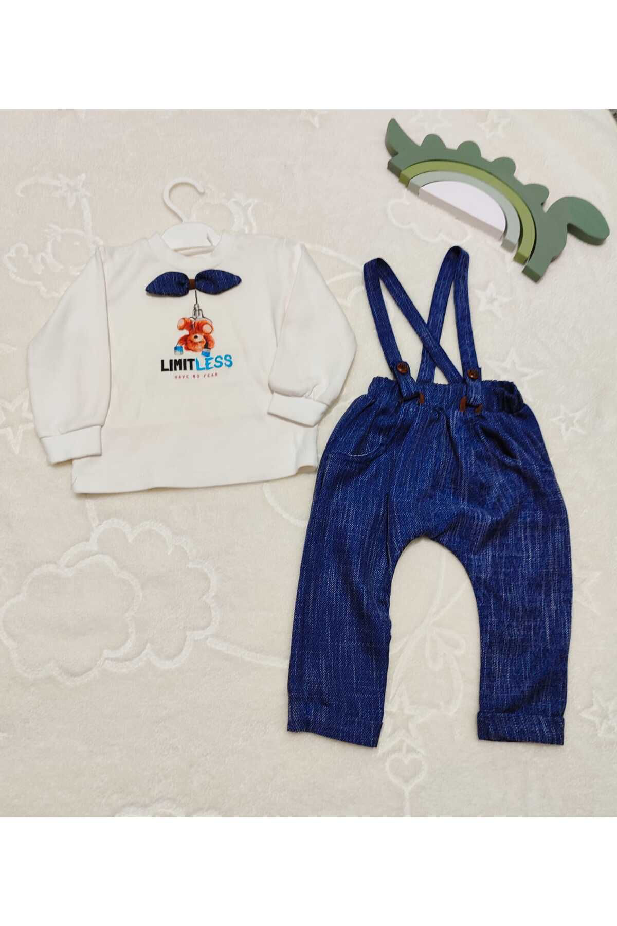 Ok Aksesuar 9-12-18 Ay Papyonlu Sweat Kot Pantolon 2Li Erkek Bebek Salopet Ta