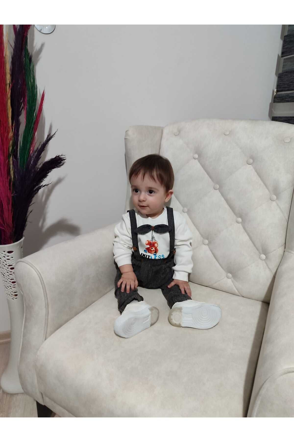 Ok Aksesuar 9-12-18 Ay Papyonlu Sweat Kot Pantolon 2Li Erkek Bebek Salopet Ta