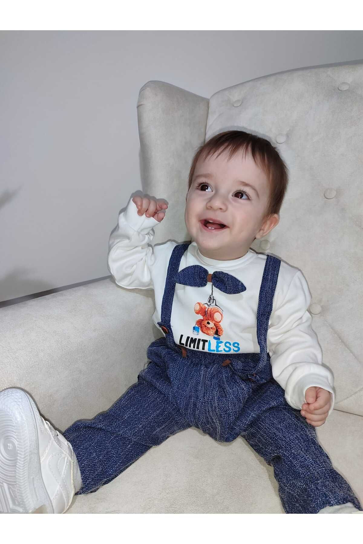 Ok Aksesuar 9-12-18 Ay Papyonlu Sweat Kot Pantolon 2Li Erkek Bebek Salopet Ta