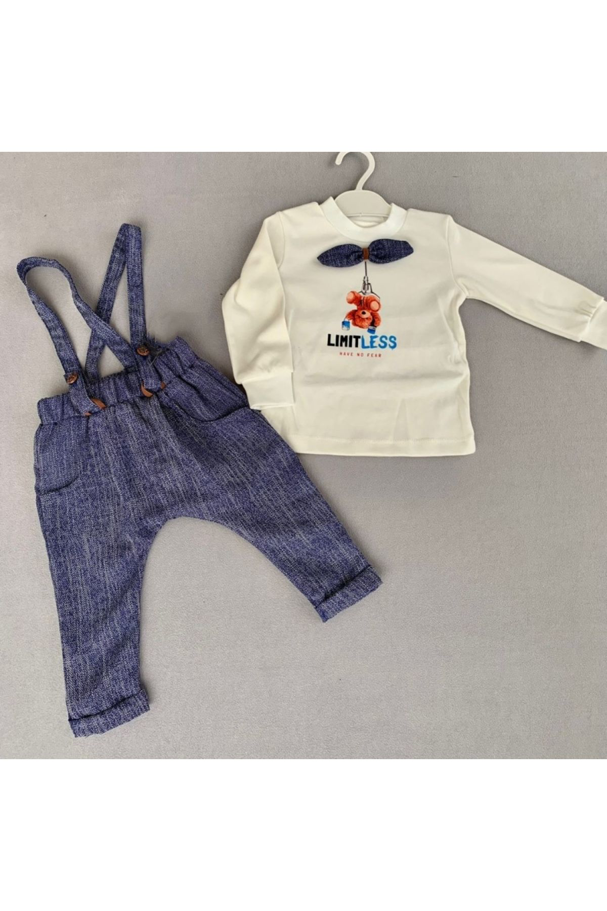 Ok Aksesuar 9-12-18 Ay Papyonlu Sweat Kot Pantolon 2Li Erkek Bebek Salopet Ta
