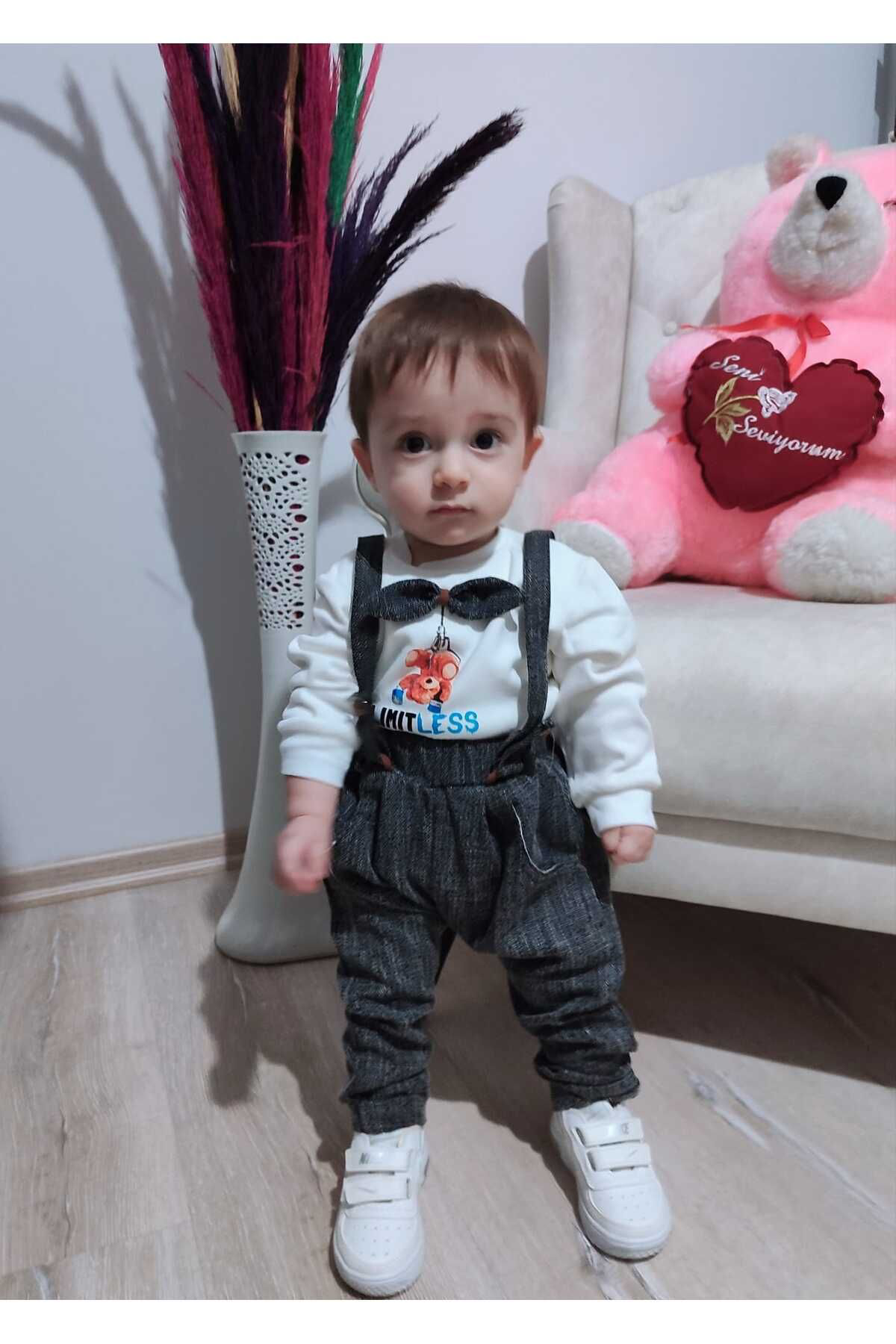 Ok Aksesuar 9-12-18 Ay Papyonlu Sweat Kot Pantolon 2Li Erkek Bebek Salopet Ta