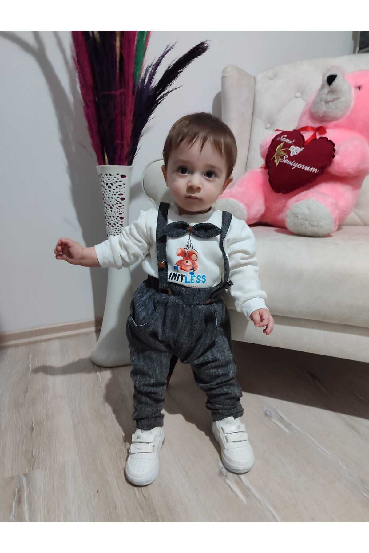Ok Aksesuar 9-12-18 Ay Papyonlu Sweat Kot Pantolon 2Li Erkek Bebek Salopet Ta