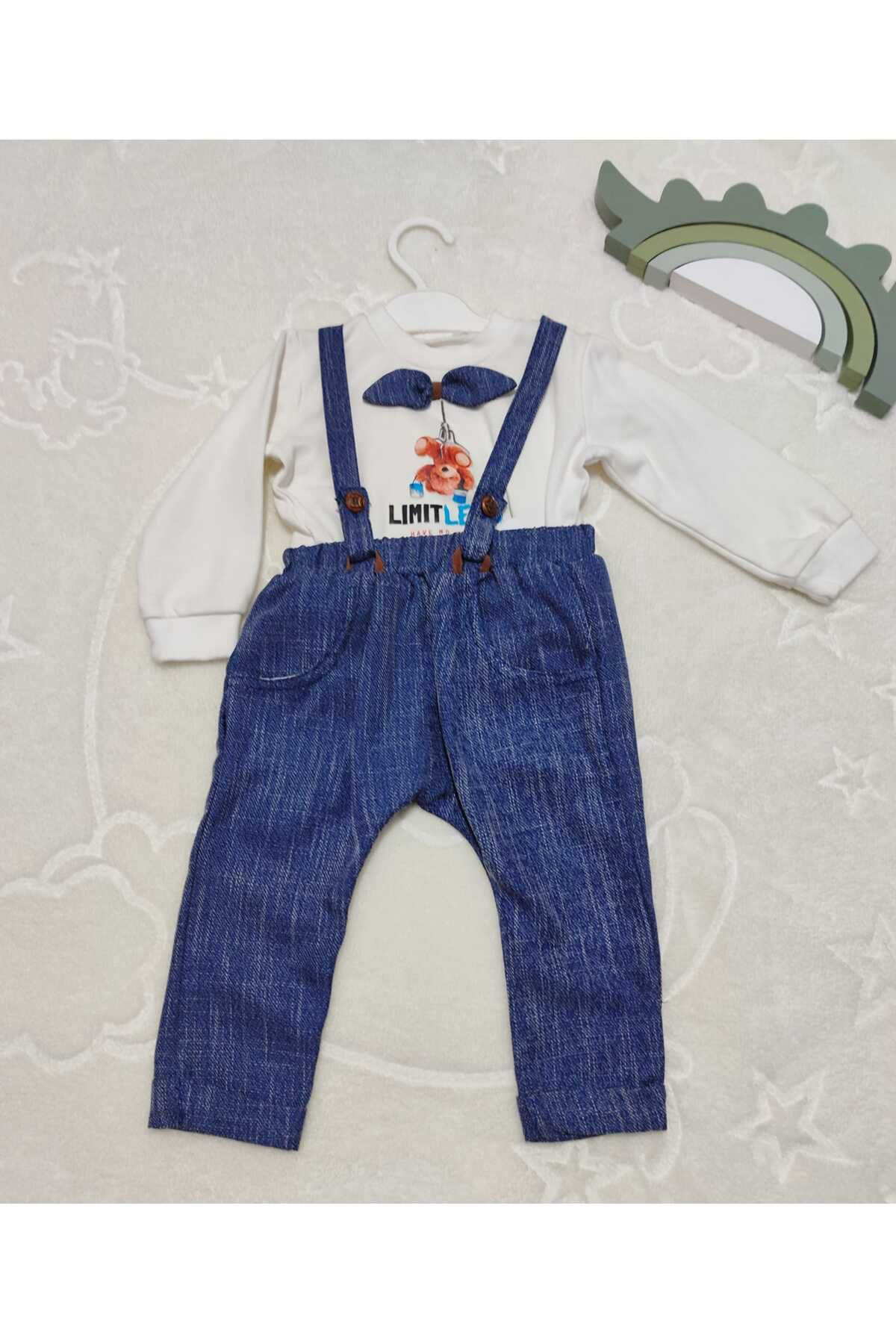 Ok Aksesuar 9-12-18 Ay Papyonlu Sweat Kot Pantolon 2Li Erkek Bebek Salopet Ta