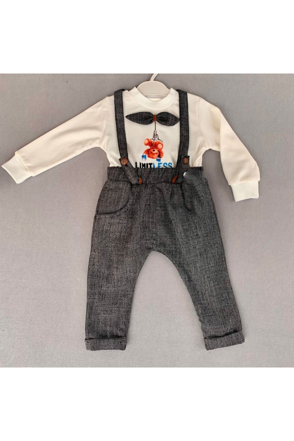 Ok Aksesuar 9-12-18 Ay Papyonlu Sweat Kot Pantolon 2Li Erkek Bebek Salopet Ta