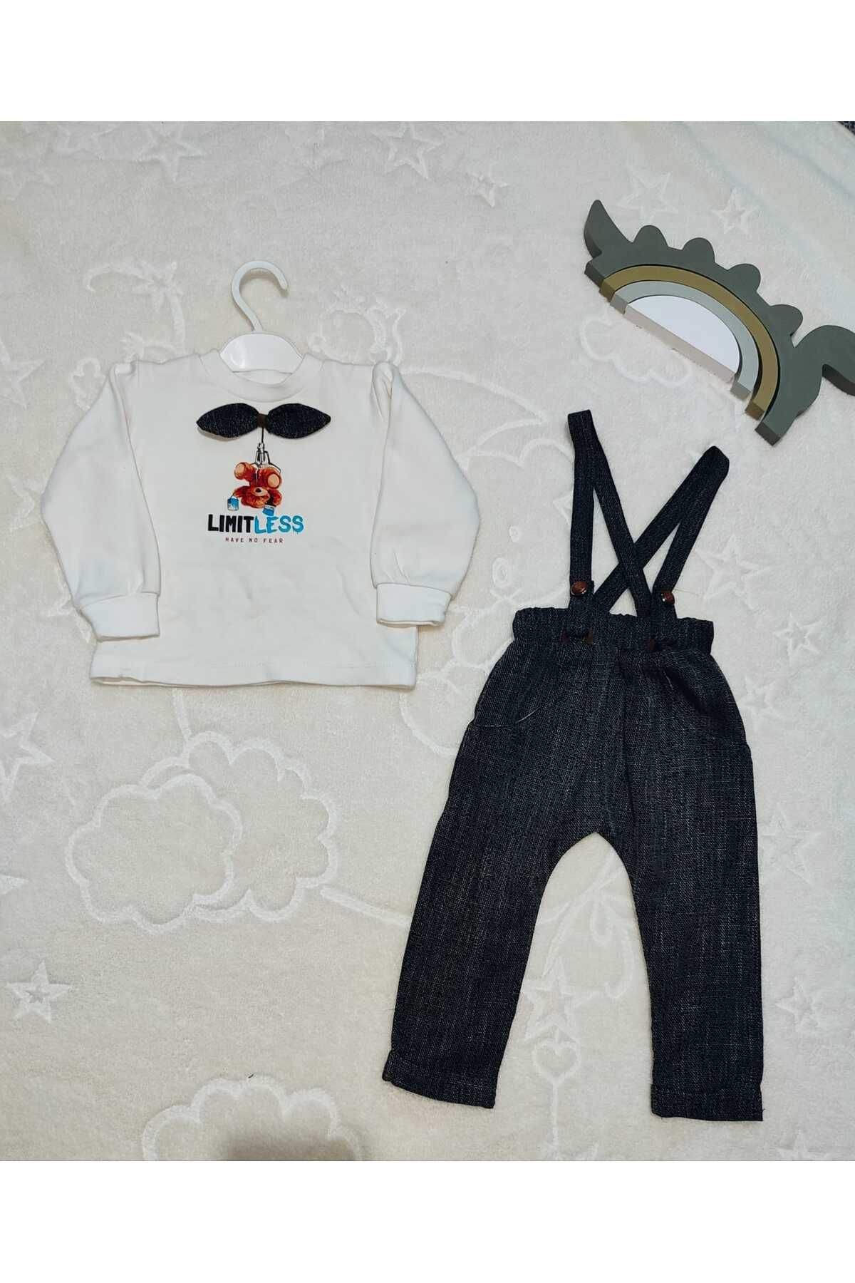 Ok Aksesuar 9-12-18 Ay Papyonlu Sweat Kot Pantolon 2Li Erkek Bebek Salopet Ta