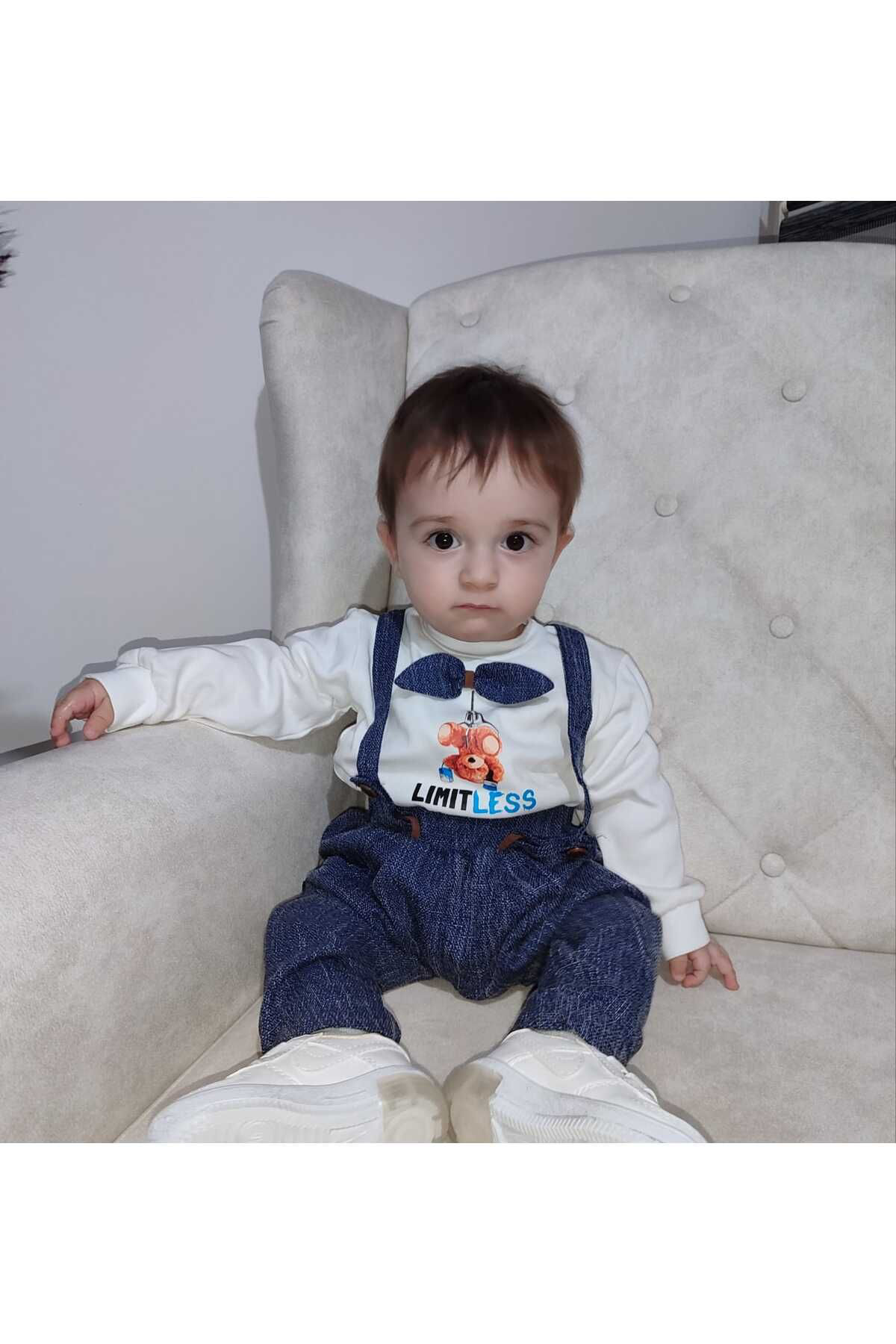 Ok Aksesuar 9-12-18 Ay Papyonlu Sweat Kot Pantolon 2Li Erkek Bebek Salopet Ta