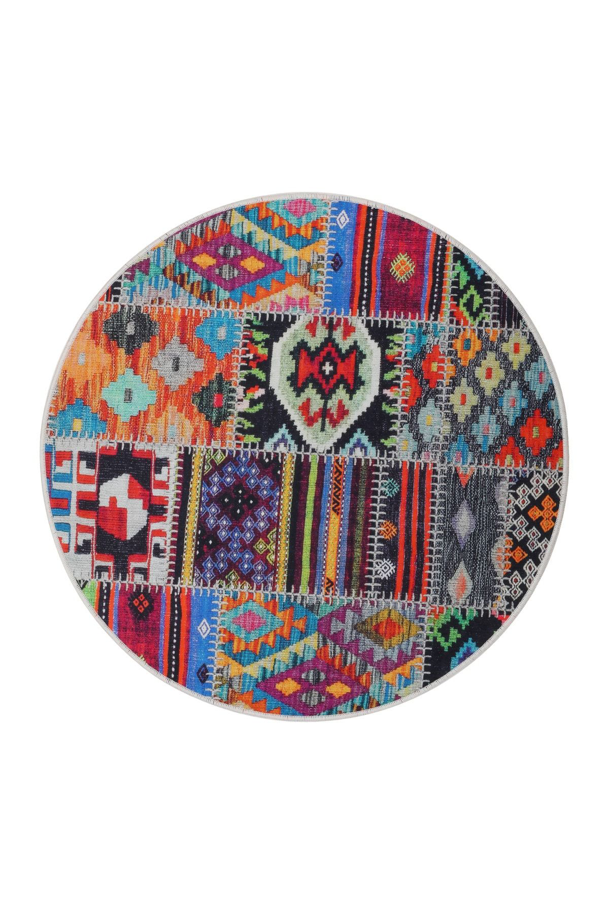 Dijidekor 9010 Patchwork Temali Saçaksiz Dijital Yuvarlak Hali Yikanabilir