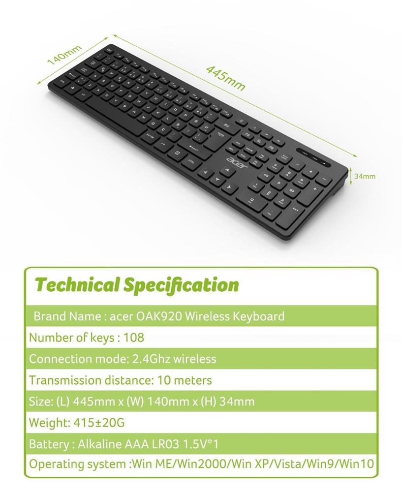 Acer OAK-920 Siyah Kablosuz Klavye 2.4Ghz Caps Lock (Smart Tv- Wi