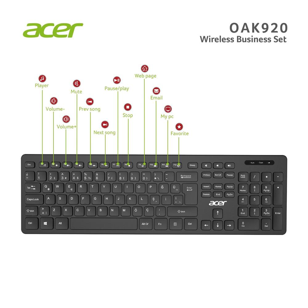 Acer OAK-920 Siyah Kablosuz Klavye 2.4Ghz Caps Lock (Smart Tv- Wi