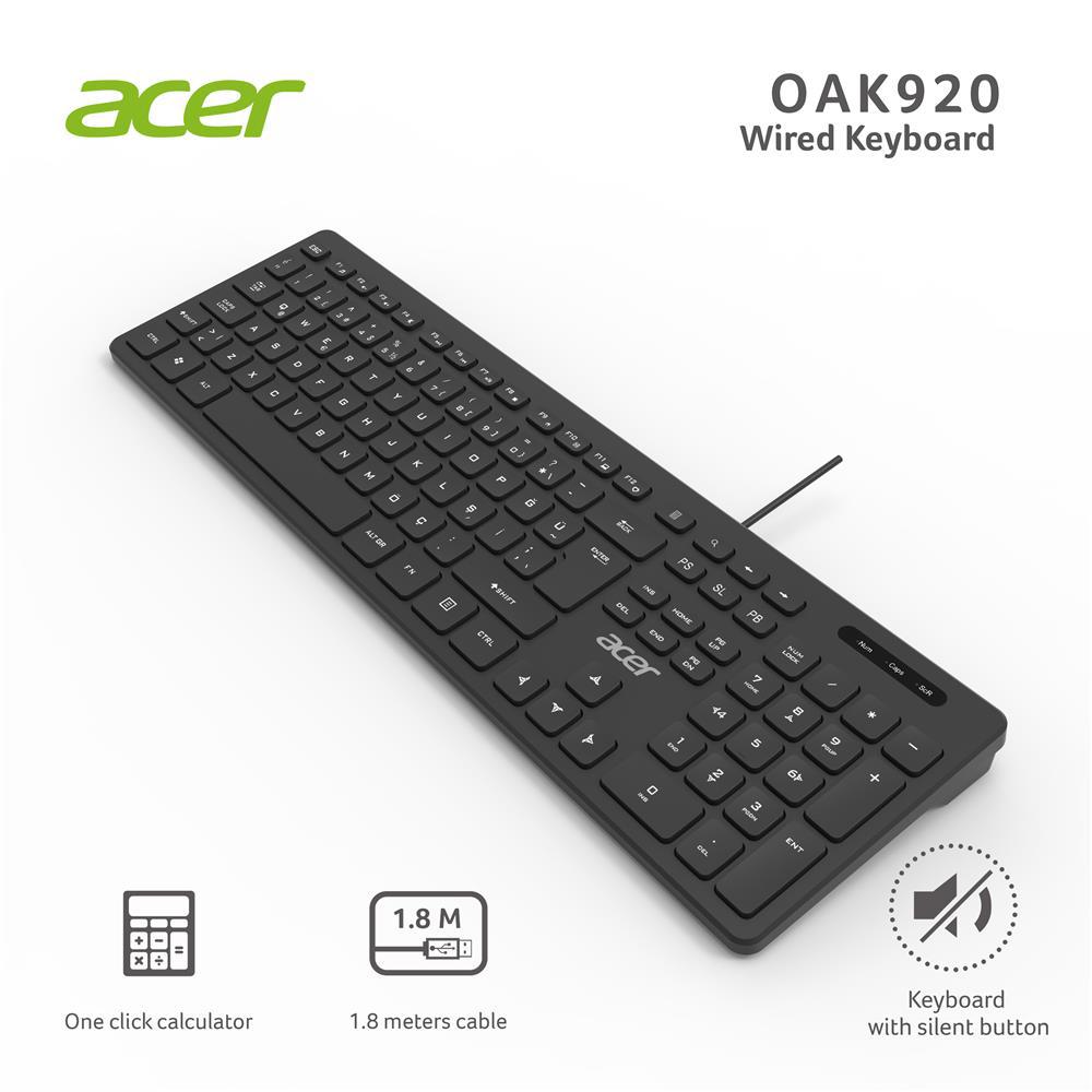 Acer OAK920 Q Usb SİYAH 1.8mt  Kablolu Klavye-Tek Tuş Hesap Makin