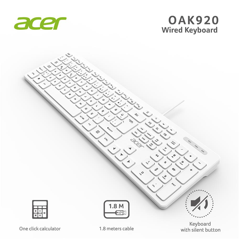 Acer OAK920 Q Usb Beyaz 1.8mt Kablolu Klavye-Tek Tuş Hesap Makina