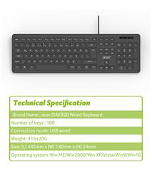 Acer OAK920 Q Usb SİYAH 1.8mt  Kablolu Klavye-Tek Tuş Hesap Makin
