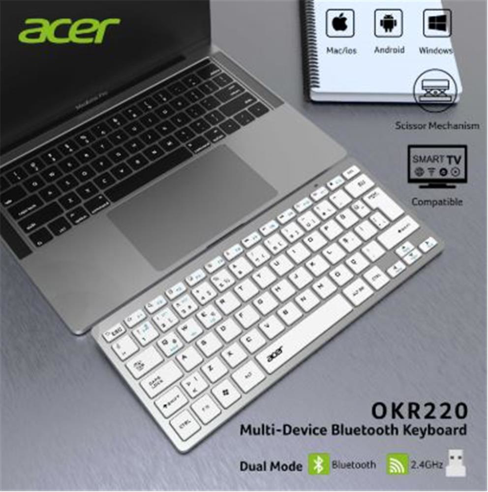 Acer OKR220 Beyaz MultiDevice Dual Mode 2.4GHZ Bluetooth Klavye (
